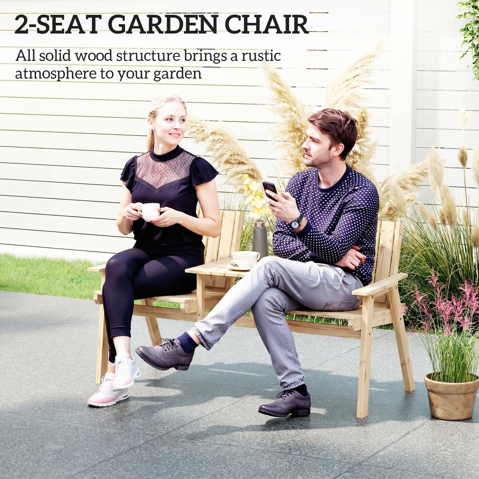 Outsunny 2-Seater Garden Loveseat with Table and Parasol Hole for Porch, Patio, Natural Wood Finish - Image 4