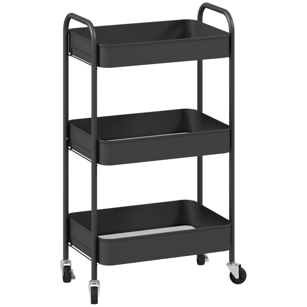 HOMCOM Three-Tier Steel Storage Trolley – Black HOMCOM Three-Tier Steel Storage Trolley – Black