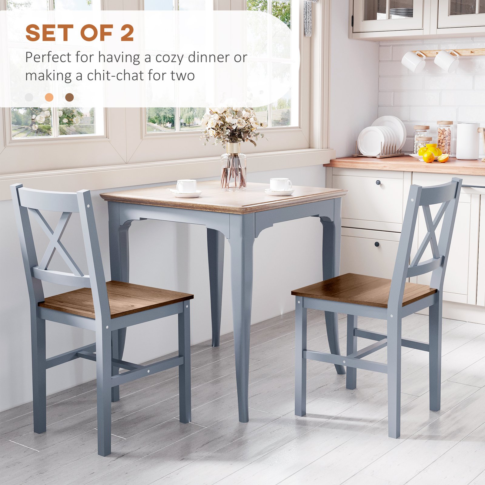 HOMCOM Dining Chairs Set of 2, Pine Wood Kitchen Chairs with Cross Back, Solid Structure for Living Room and Dining Room, Grey - Image 4