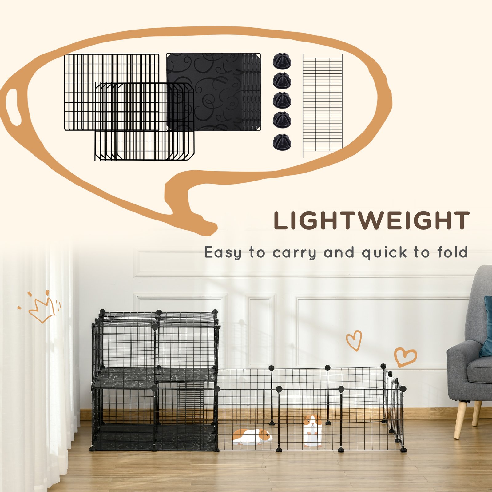 PawHut Pet Playpen with Door, Guinea Pigs Metal Mesh Cage for Small Animal, Chinchilla, 175 x 105 x 70 CM, Black - Image 8