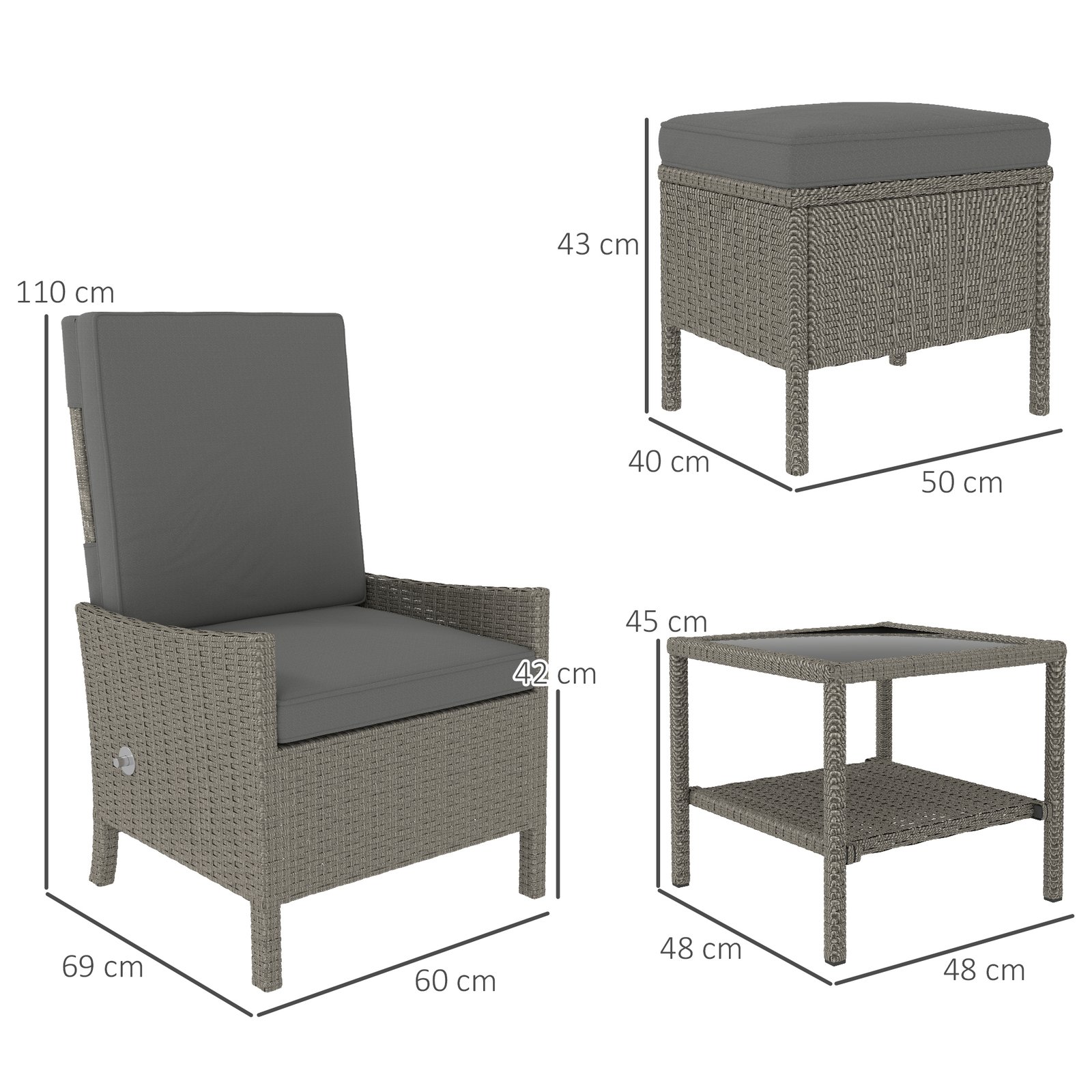 Outsunny 5 Piece Rattan Garden Furniture Set, Wicker Patio Sofa Set with 2 Armchairs, 2 Footstools, Glass Top Coffee Table with Shelf, Outdoor Furniture with Adjustable Backrests, Cushions, Dark Grey - Image 3