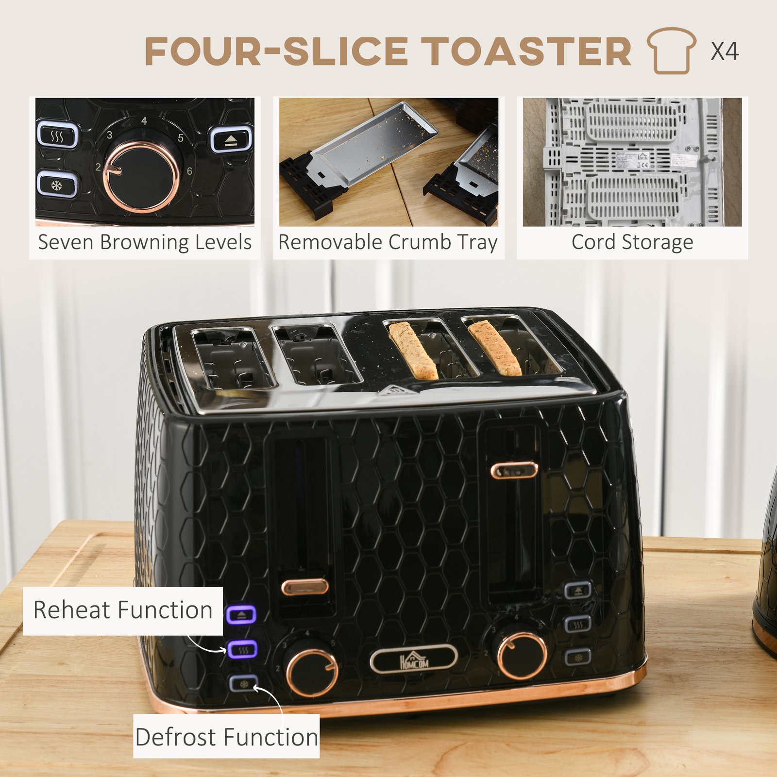 HOMCOM 1.7L 3000W Fast Boil Kettle & 4 Slice Toaster Set, Kettle and Toaster Set with 7 Browning Controls, Crumb Tray, Black - Image 5