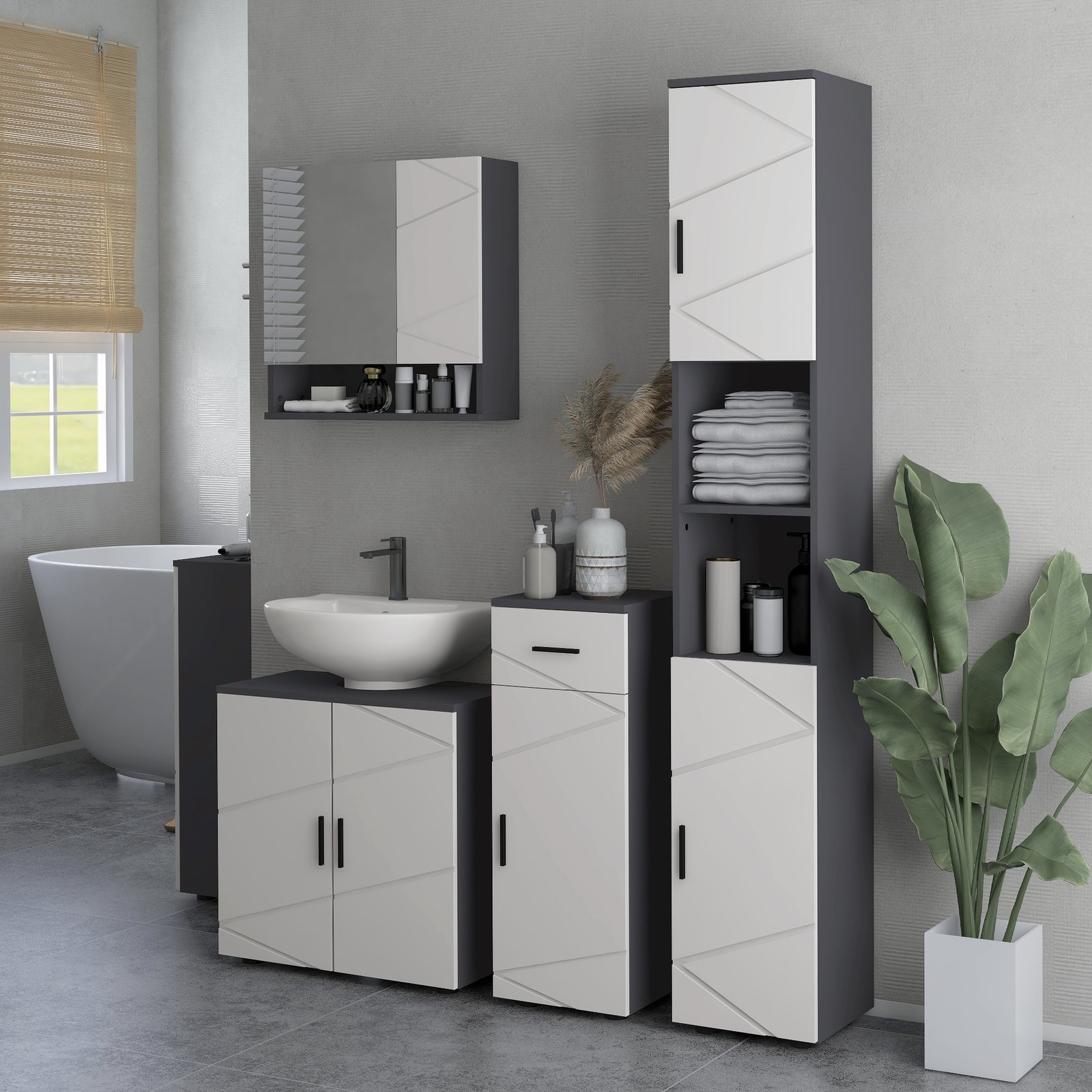 kleankin Pedestal Sink Bathroom Cabinet, Bathroom Vanity Unit with 20 x 20cm "U" Cut-Out and Adjustable Shelf, Light Grey - Image 7