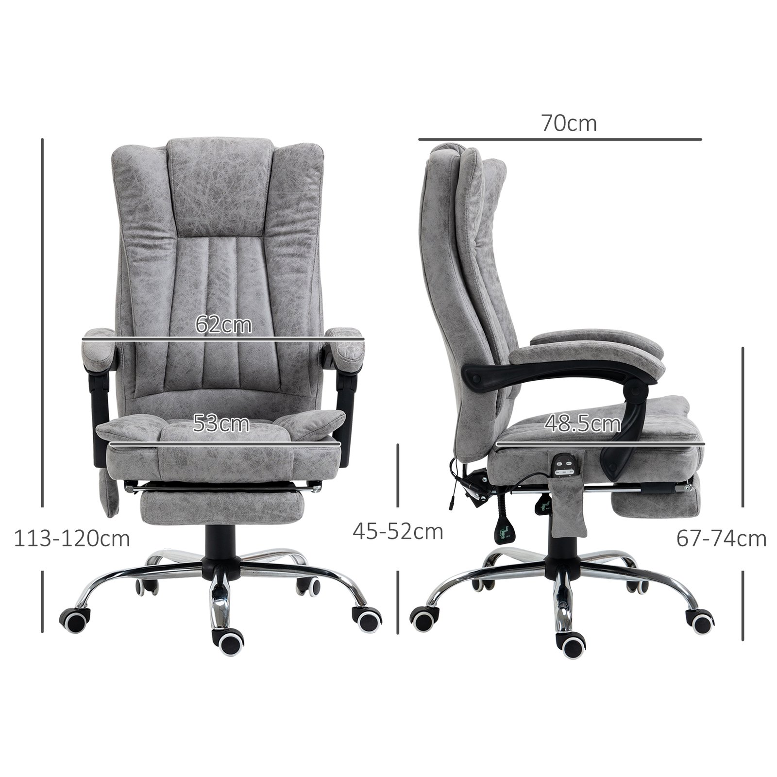 Vinsetto Office Chair with Massage and Heat, Microfibre Reclining Computer Desk Chair with Footrest and Adjustable Height, Swivel Wheels for Home Office, Grey - Image 3