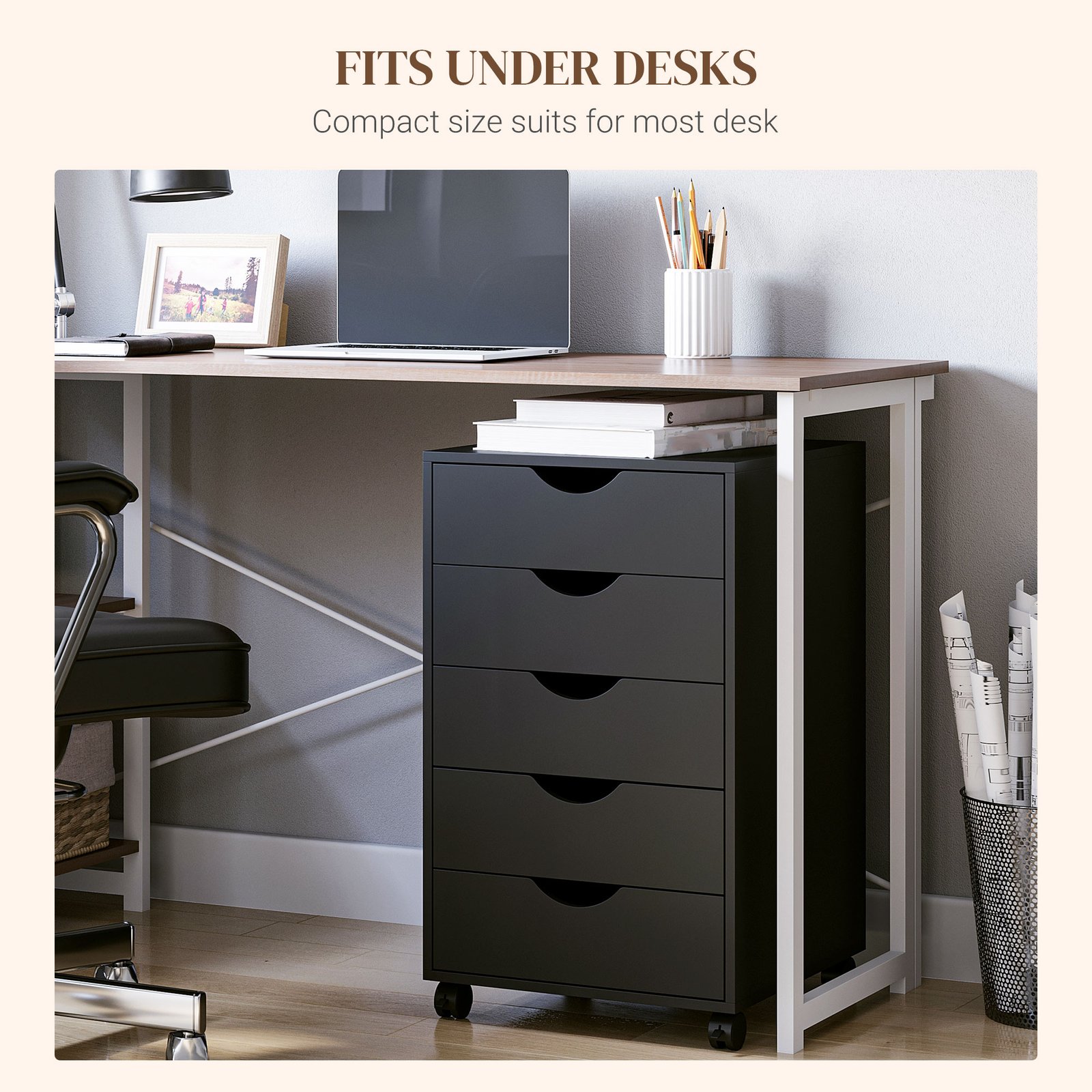 HOMCOM 5 Drawer Mobile Filing Cabinet, Vertical File Cabinet, Modern Rolling Office Storage Organizer Cupboard, Black - Image 5