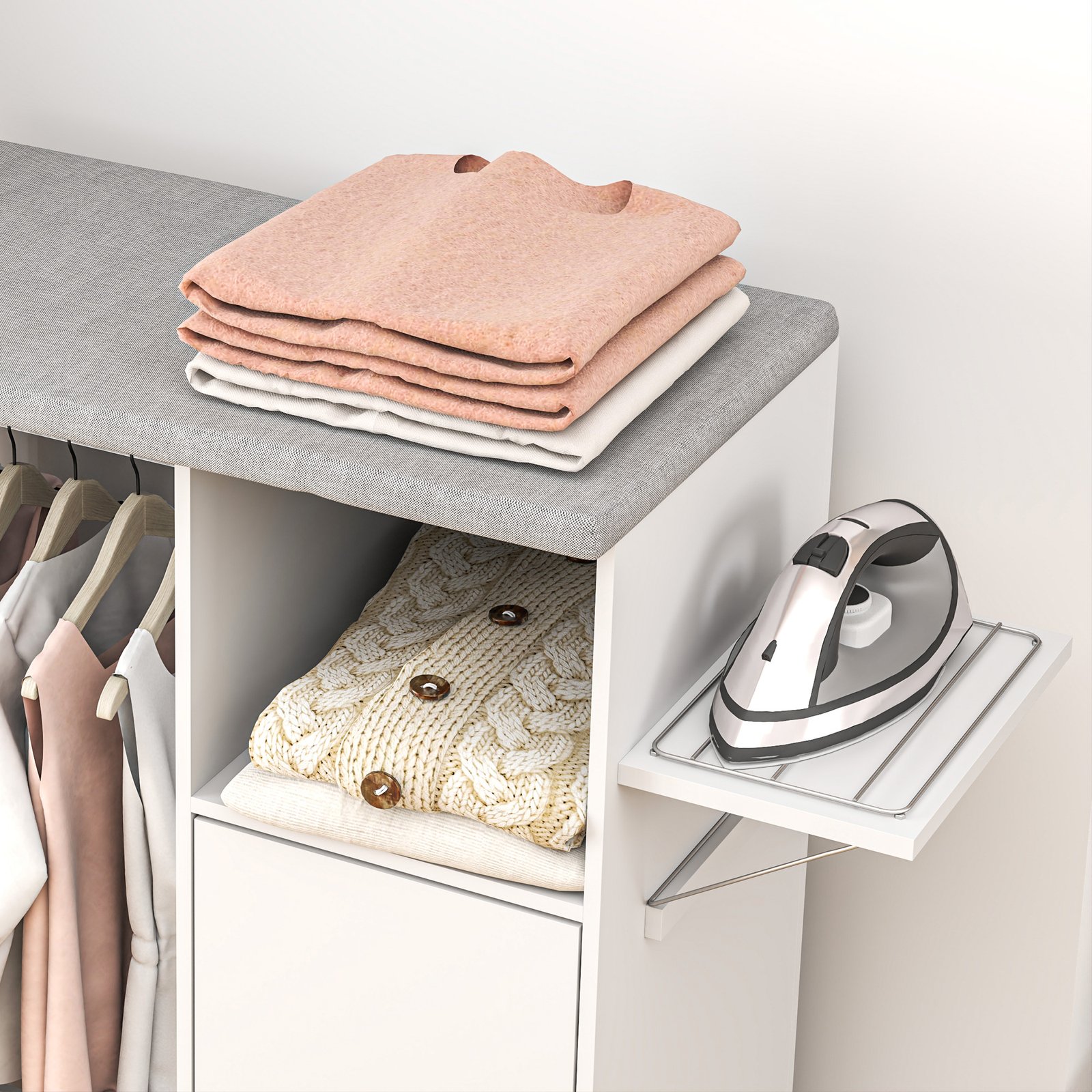 HOMCOM Rolling Ironing Board Cabinet, Foldable Ironing Station with Storage, Wheels for Home, Laundry Room, White - Image 9