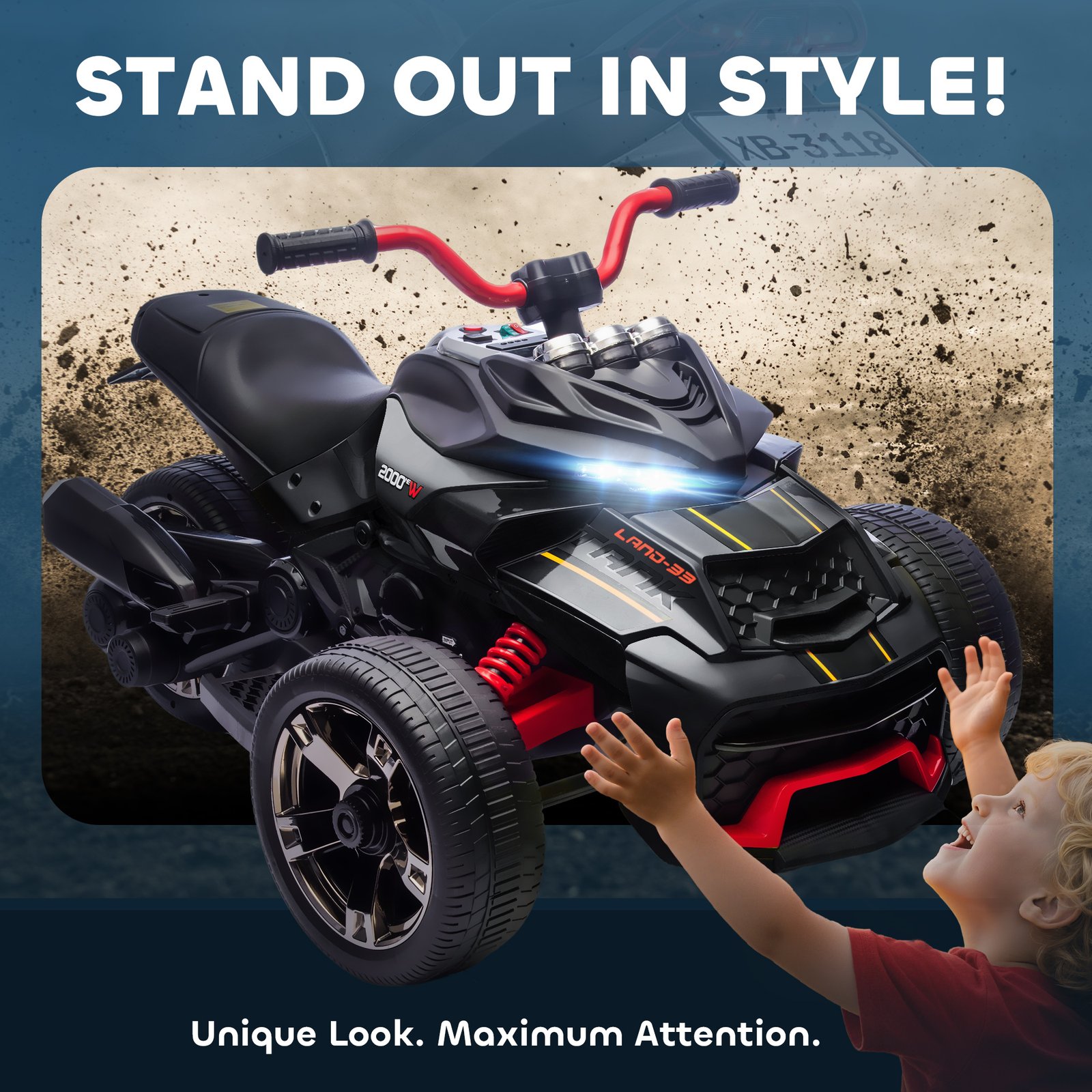 AIYAPLAY 12V Kids Electric Ride On Car with 3 Wheeler, MP3 Player, Horn, 2 Speeds, LED Lights for Boys & Girls Ages 3-8, Black - Image 7