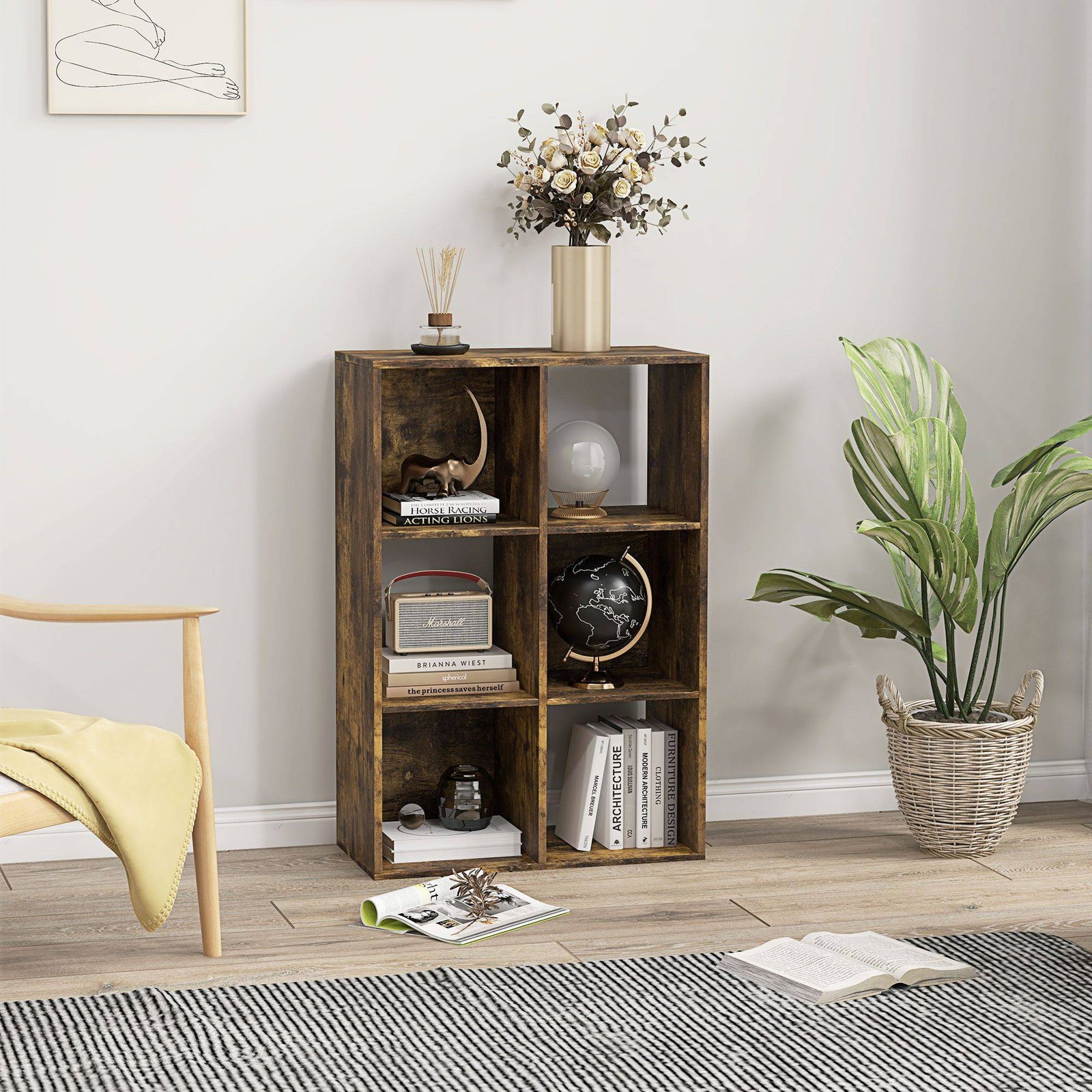 HOMCOM 6-Cube Bookshelf - Rustic Brown - Image 2