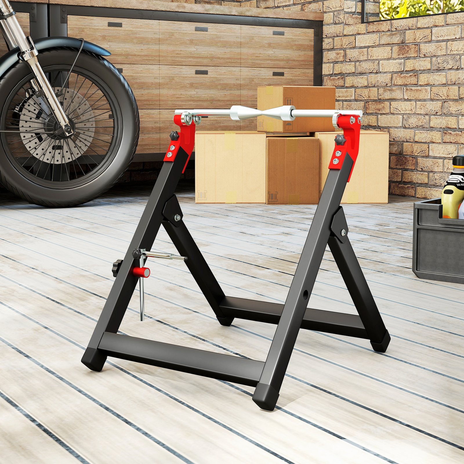 HOMCOM Foldable Motorcycle Wheel Balancer Truing Stand with Spoke Wrench, Steel Bike Tyre Rim Balancing Stand with Aluminium Shaft, Fits Wheels up to 23" in Diameter, 5" in Width, Black - Image 9