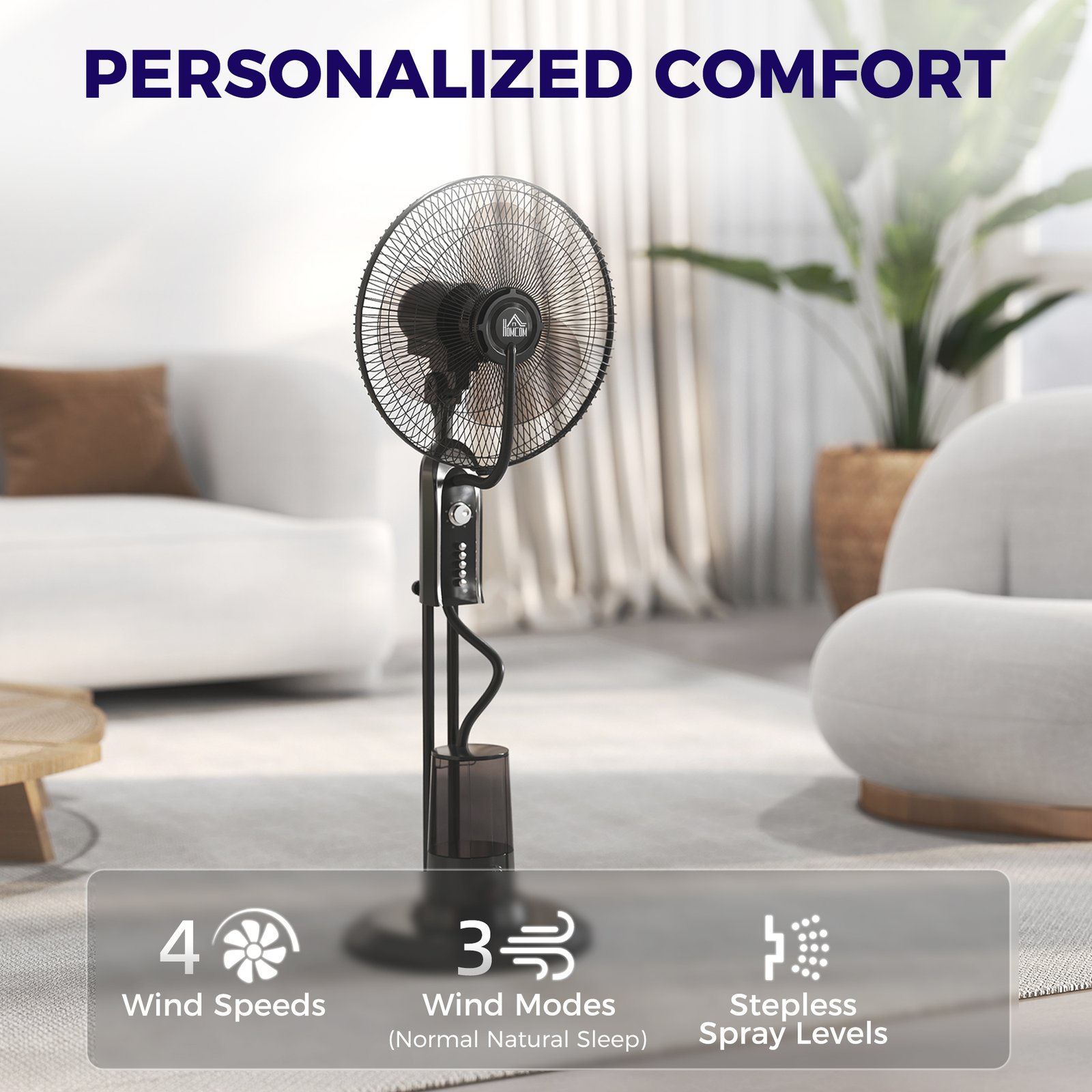 HOMCOM Pedestal Fan with Water Mist Spray, Spray Misting Fan with 70° Oscillation, Tilt Head, 3 Speeds, 3 Modes, Adjustable Mist, 3.2L Water Tank, for Home, 120 cm - Image 5