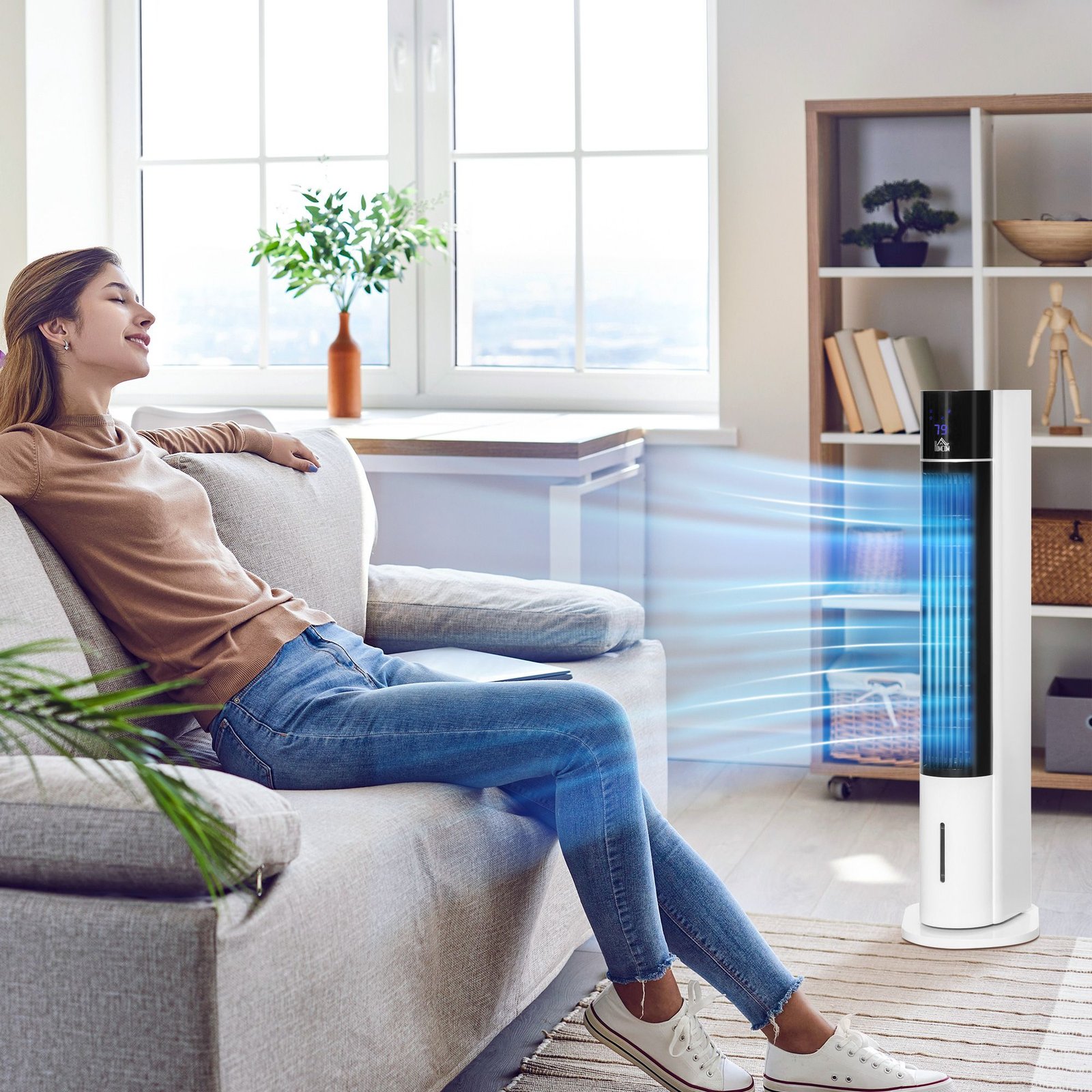 HOMCOM Portable Air Cooler, 3L Tank Evaporative Ice Cooling Tower Fan with 3 Modes, 3 Speeds, Remote, Timer, 60° Oscillating, Portable Swamp Cooler for Home Bedroom, White - Image 2