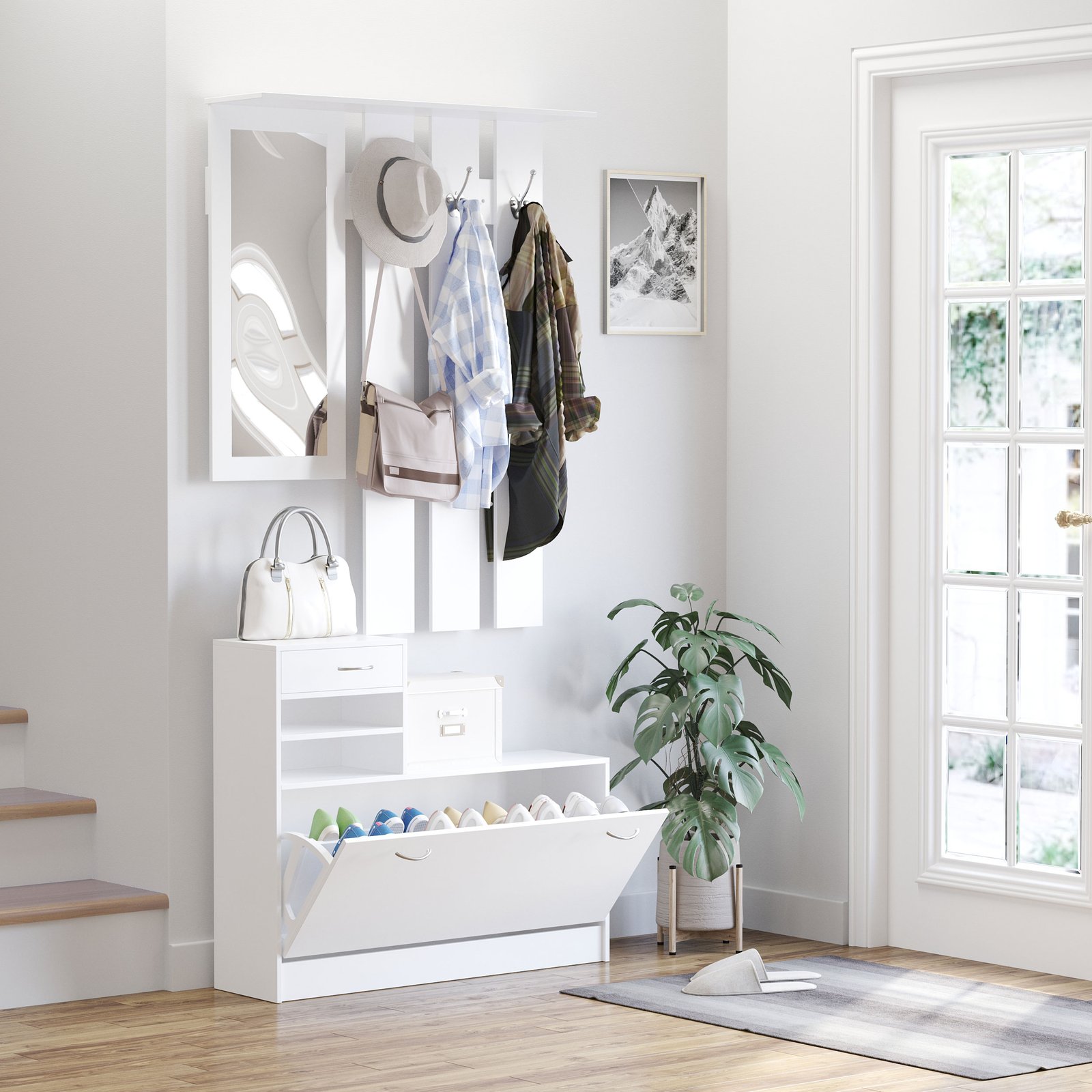HOMCOM 2PC Shoes Storage Chest Cloths Rack Unit w/Mirror Multiple Shelves Large Storage Capacity Shoes Cabinet 6 Hooks Cloth Rack White - Image 2