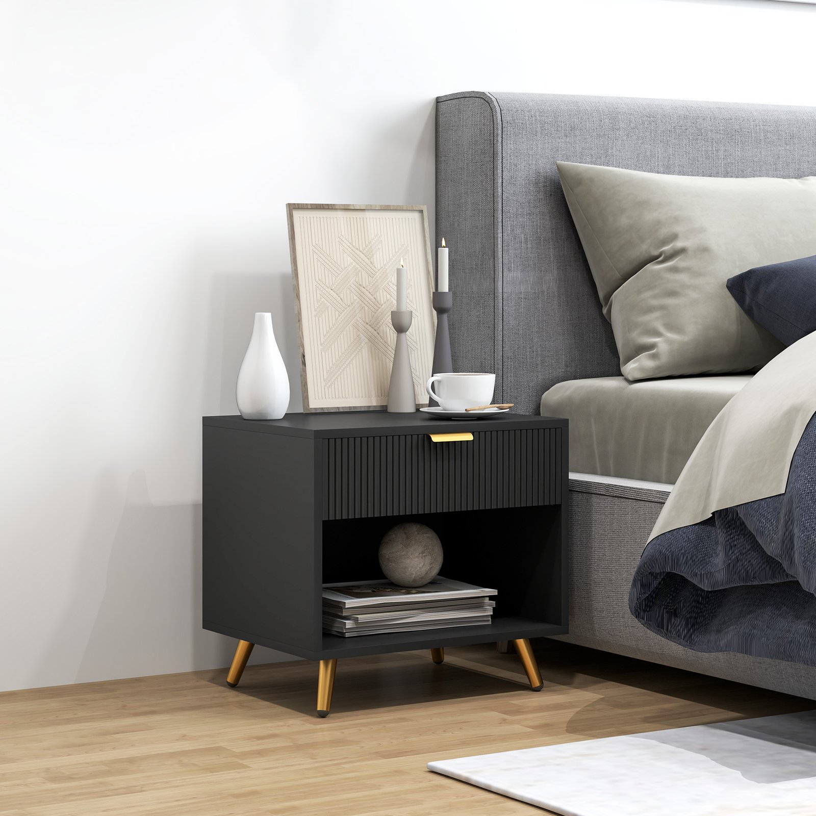 HOMCOM Elegant Bedside Table, with Drawer and Shelf - Black/Gold Tone - Image 2