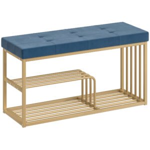 HOMCOM Bench and Shoe Storage, Tufted Shoe Storage Bench with Velvet Seat Cushion Gold Steel Frame for Entryway, Dark Blue