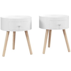 HOMCOM Modern Side Table, Small Coffee Table, Round Bedside Table with Drawer and Wood Legs for Living Room, Bedroom, Set of 2, White