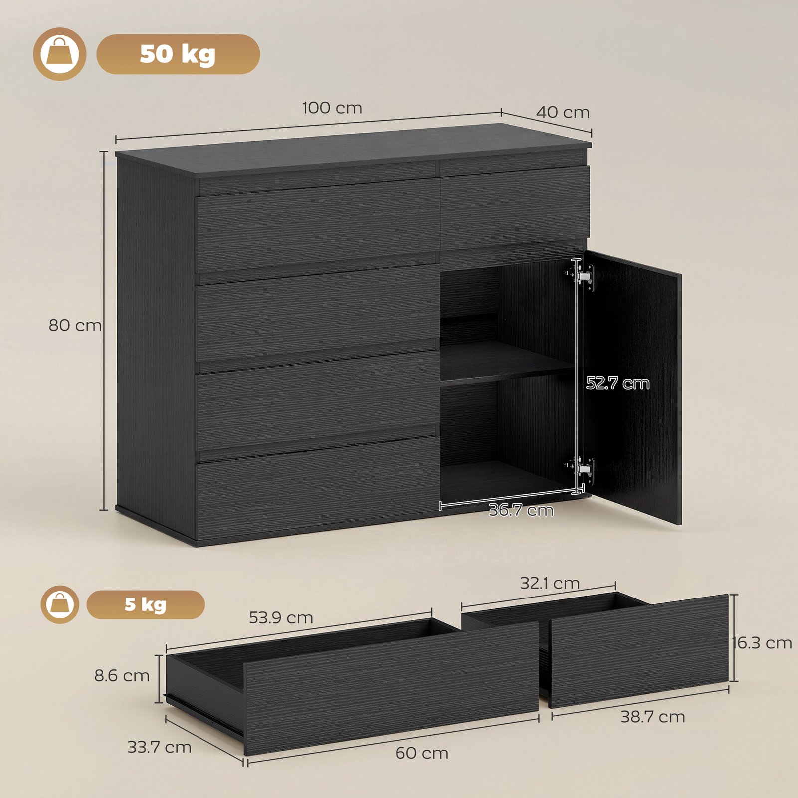 HOMCOM Modern Chest Of Drawers, 5 Drawer Dresser with Adjustable Shelf, Soft-Close Door, Black - Image 3