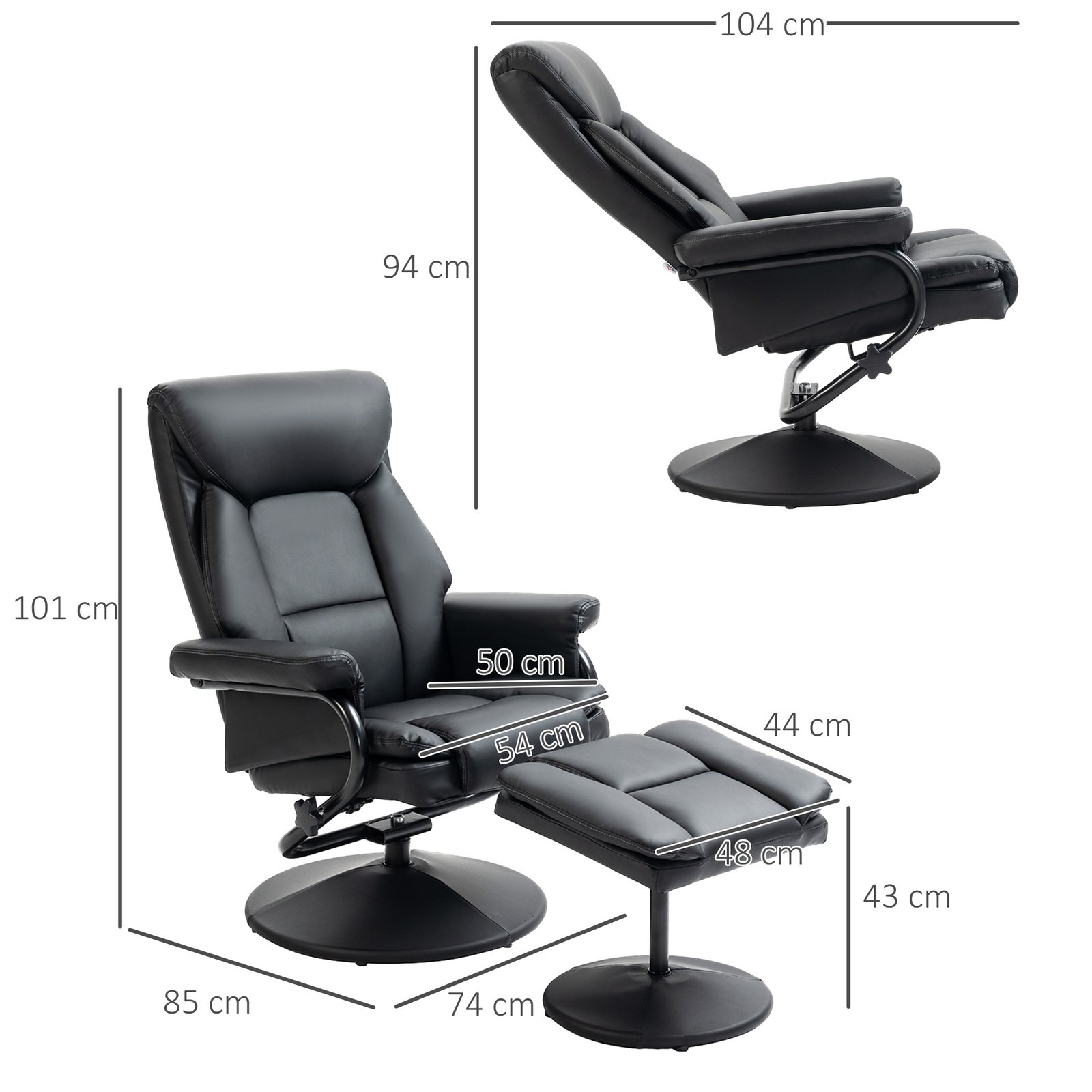 HOMCOM Swivel Recliner Chair with Footstool, PU Leather Recliner Armchair with Ottoman, Steel Base, Upholstered Reclining Chair for Living Room, Bedroom, Office, Black - Image 3