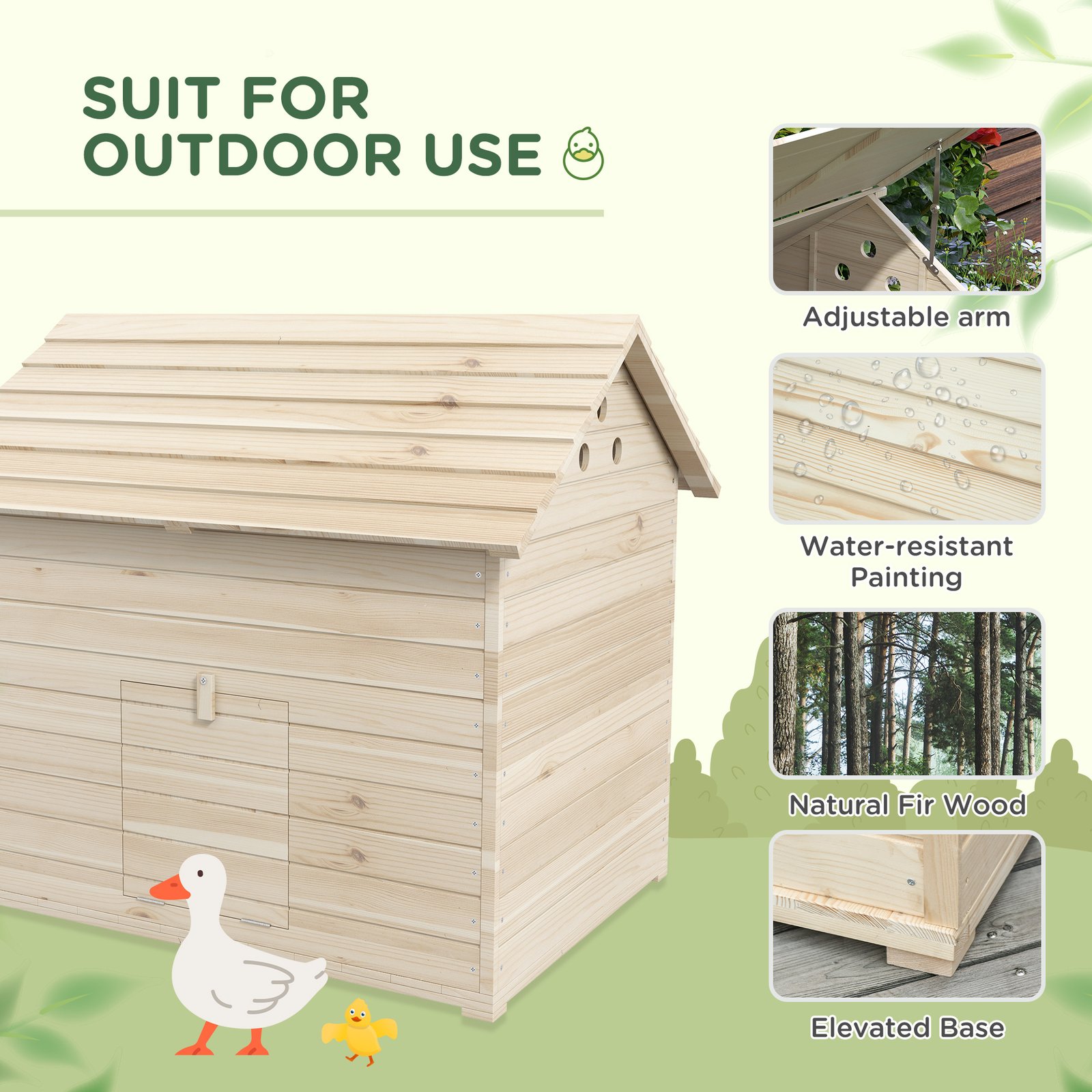 PawHut Wooden Duck House Poultry Coop for 2-4 Ducks with Openable Roof Raised Feet Air Holes Natural - Image 5