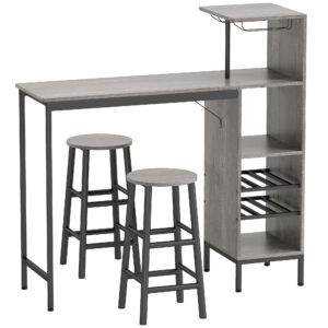 HOMCOM 3 Pieces Dining Room Set, 2 Round Stools with Footrest, 6-Tier Dining Table with Storage Shelves, Natural