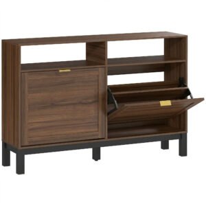 HOMCOM Shoe Cabinet with 2 Flip Drawers, Narrow Shoe Storage Top for Entryway Hallway, Rustic Brown