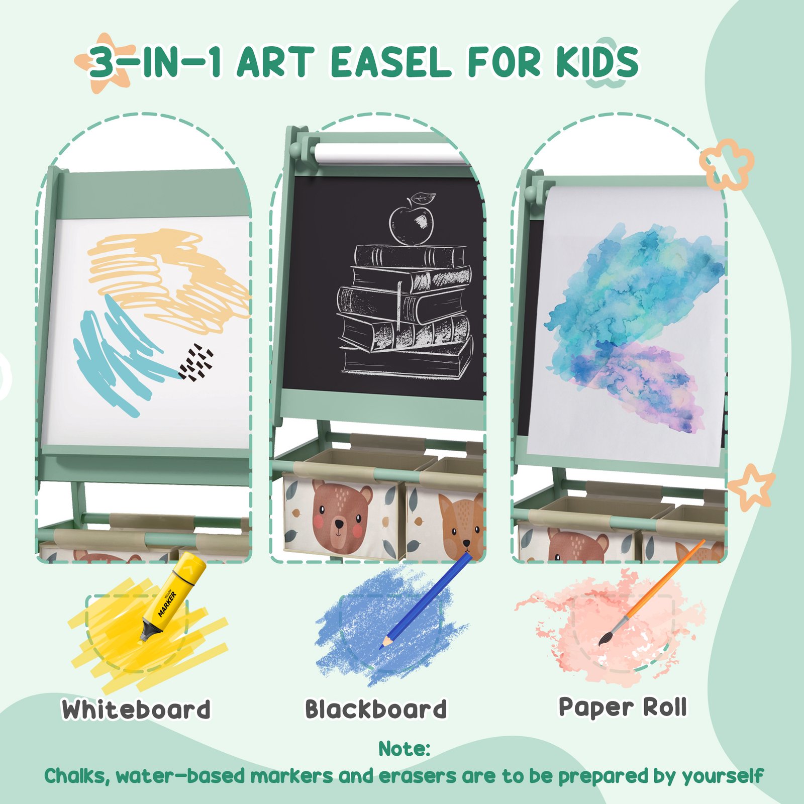 ZONEKIZ Kids Table and Chair Set and Kids Easel with Paper Roll, Storage Baskets, Kids Activity Furniture Set, Green - Image 4