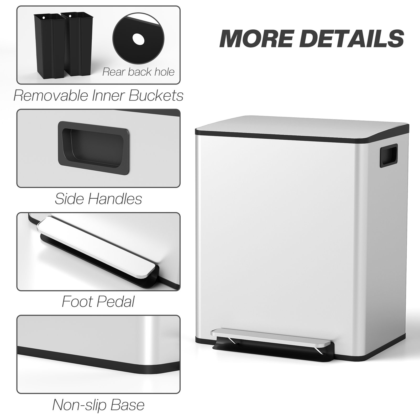 HOMCOM 50L Dual Compartment Stainless Steel Bin, with Deodoriser Holders - Silver - Image 7