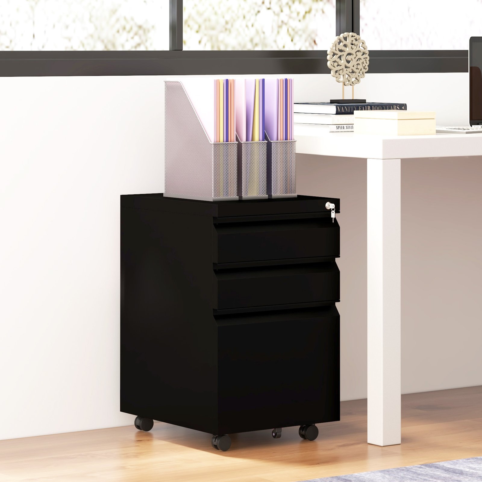 Vinsetto 3-Drawer Filing Cabinet with Lock, Mobile Steel File Cabinet for A4, Legal and Letter Size, Under Desk Drawers with Pre-Assembled Body for Home Office, 37 x 43.5 x 60 cm, Black - Image 2