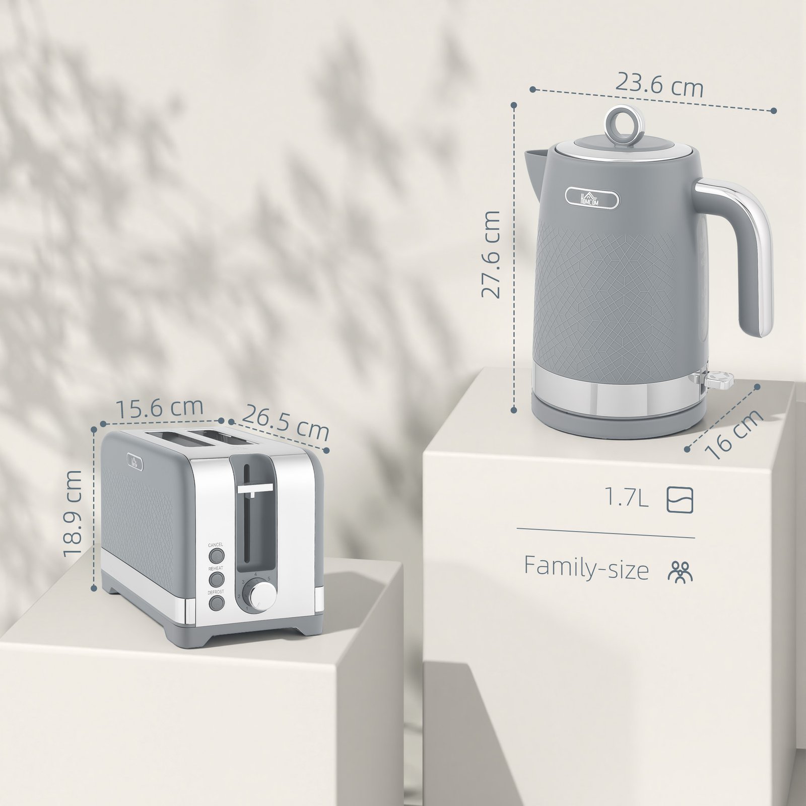 HOMCOM Sleek Textured Kettle and Toaster Set - Grey - Image 3