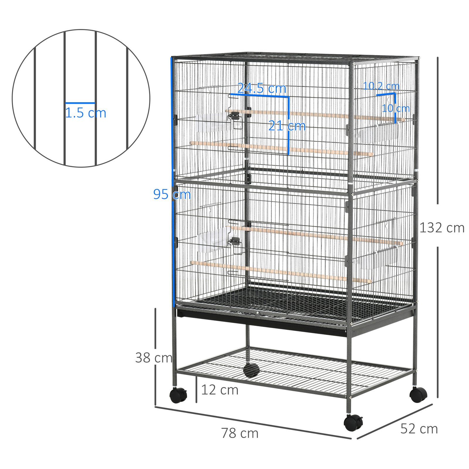 PawHut Large Bird Cage Budgie Cage for Finch Canaries Parakeet with Rolling Stand, Slide-out Tray, Storage Shelf, Food Containers, Dark Grey - Image 3