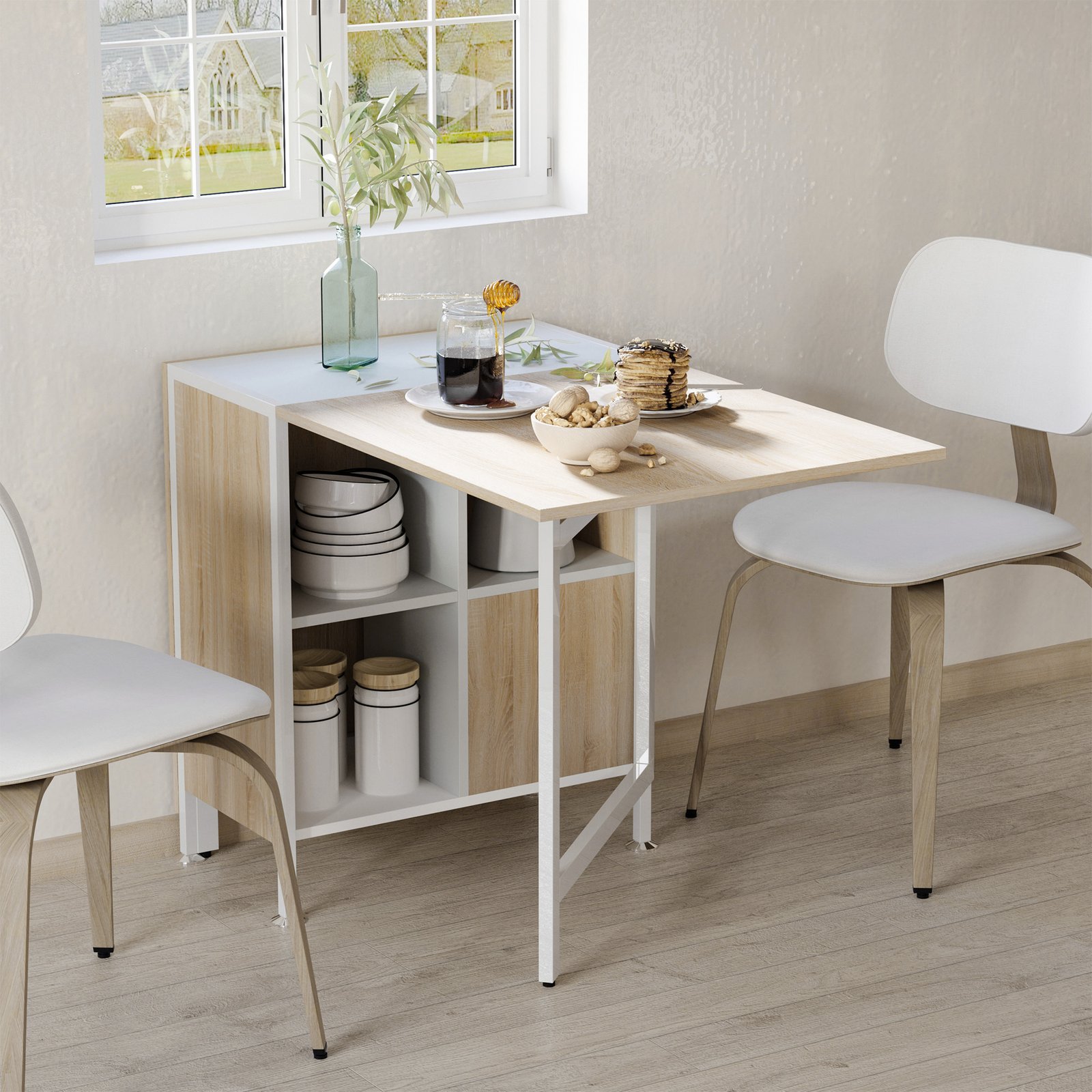HOMCOM Foldable Drop Leaf Dining Table Folding Workstation for Small Space with Storage Shelves Cubes Oak & White - Image 9