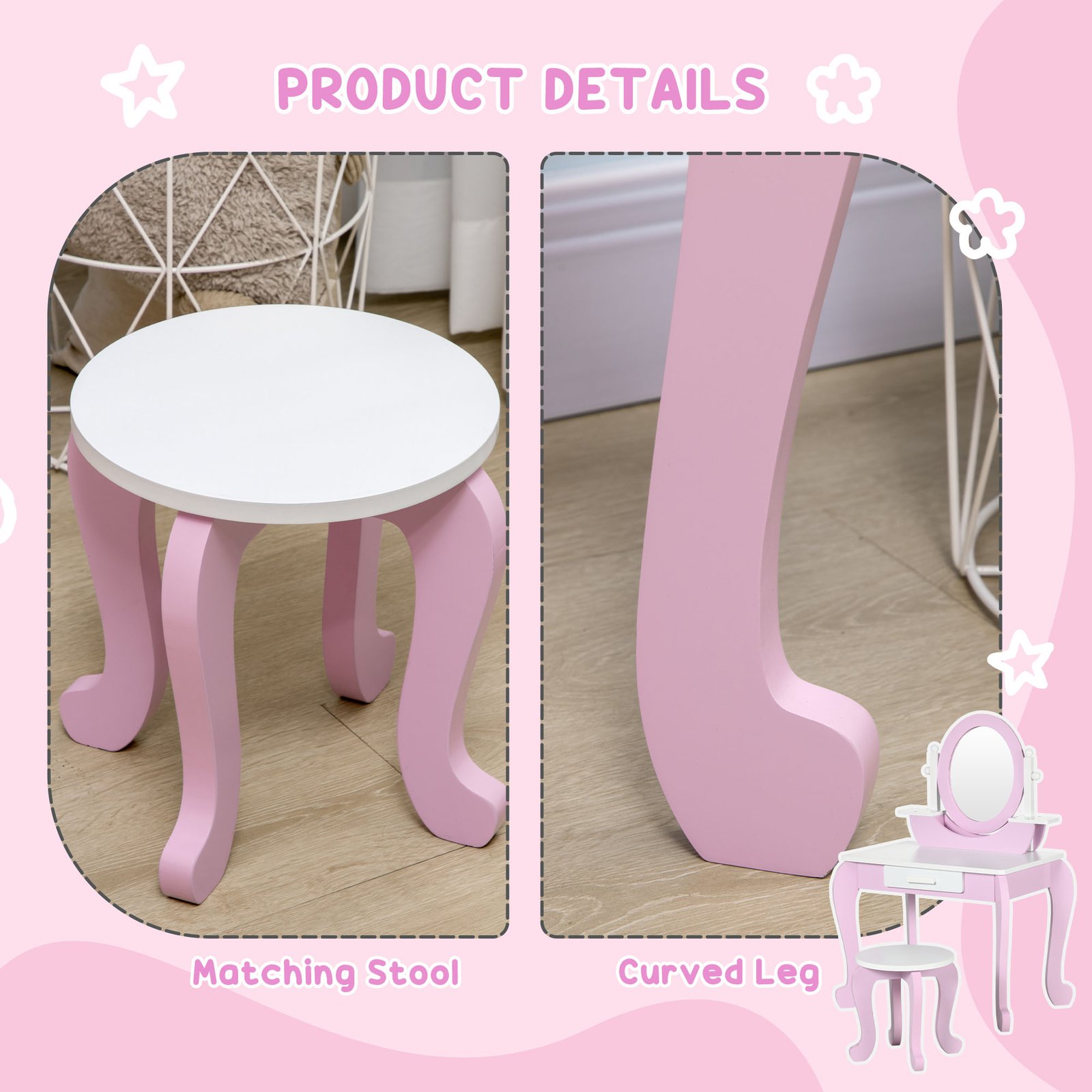 ZONEKIZ Kids Dressing Table Set, with Mirror, Stool, for Ages 3-6 Years - Pink - Image 6