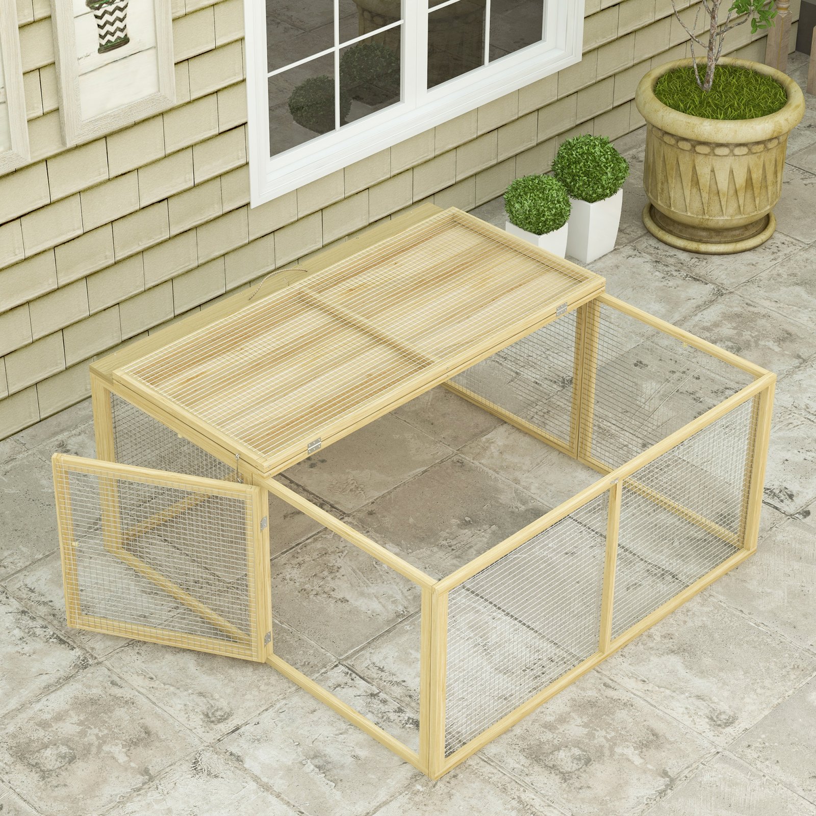 PawHut Wooden Folding Rabbit Hutch, for 2-3 Rabbits - Natural Wood - Image 9