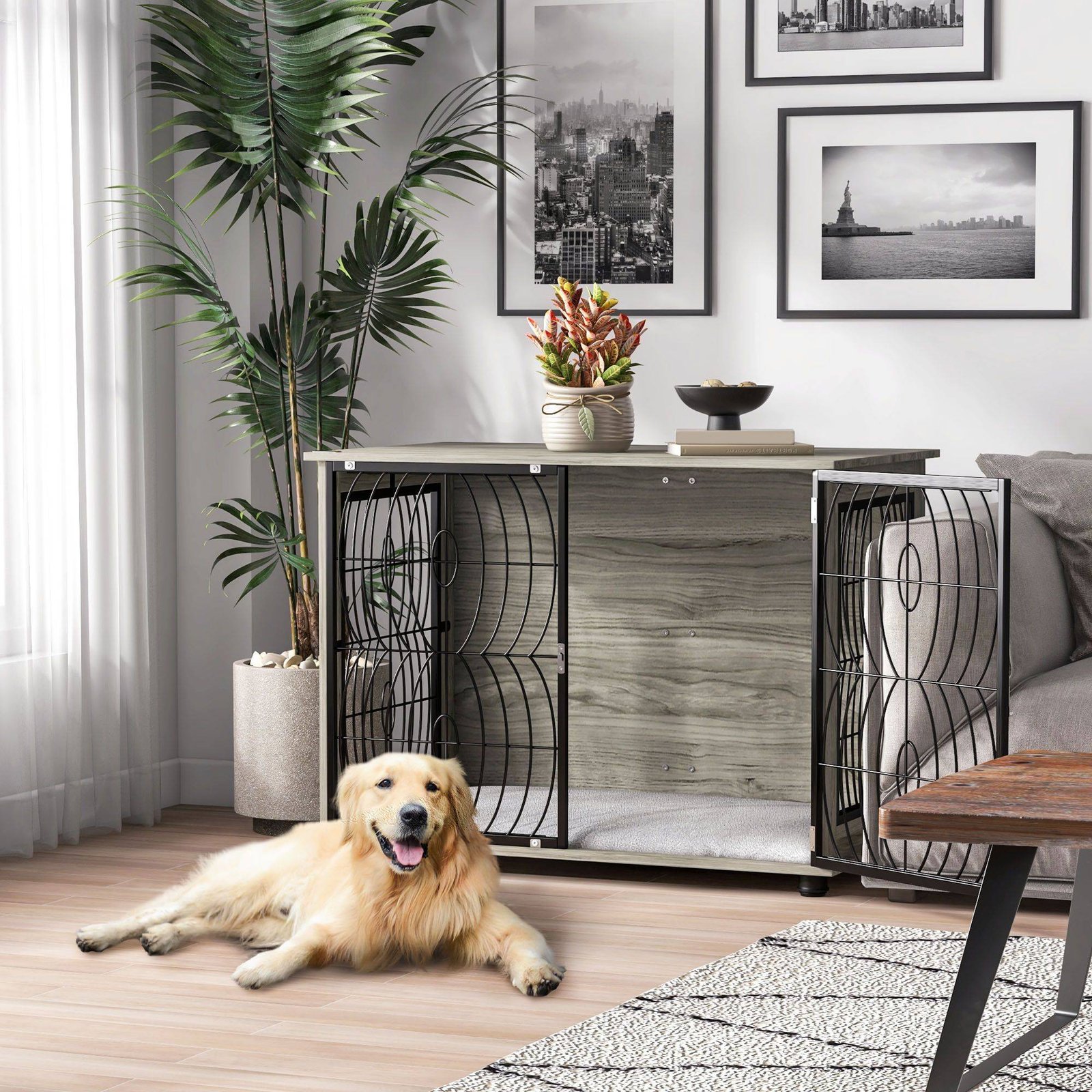 PawHut Dog Crate Furniture End Table w/ Plush Washable Cushion, Lockable Door, for Large Dogs - Image 2