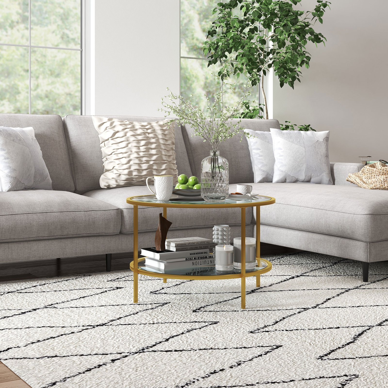 HOMCOM Round Coffee Table with Storage, 2-Tier Tempered Glass Coffee Table with Steel Frame for Living Room, Gold Tone - Image 8