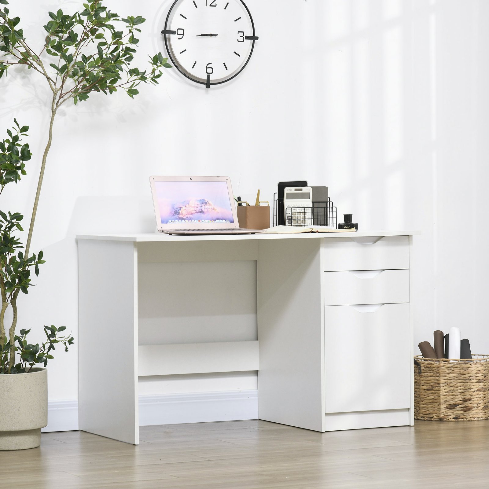 HOMCOM Computer Desk with Drawers, High Gloss Home Office Desk with Storage Cabinet, Study Workstation, 120 x 60cm, White - Image 2