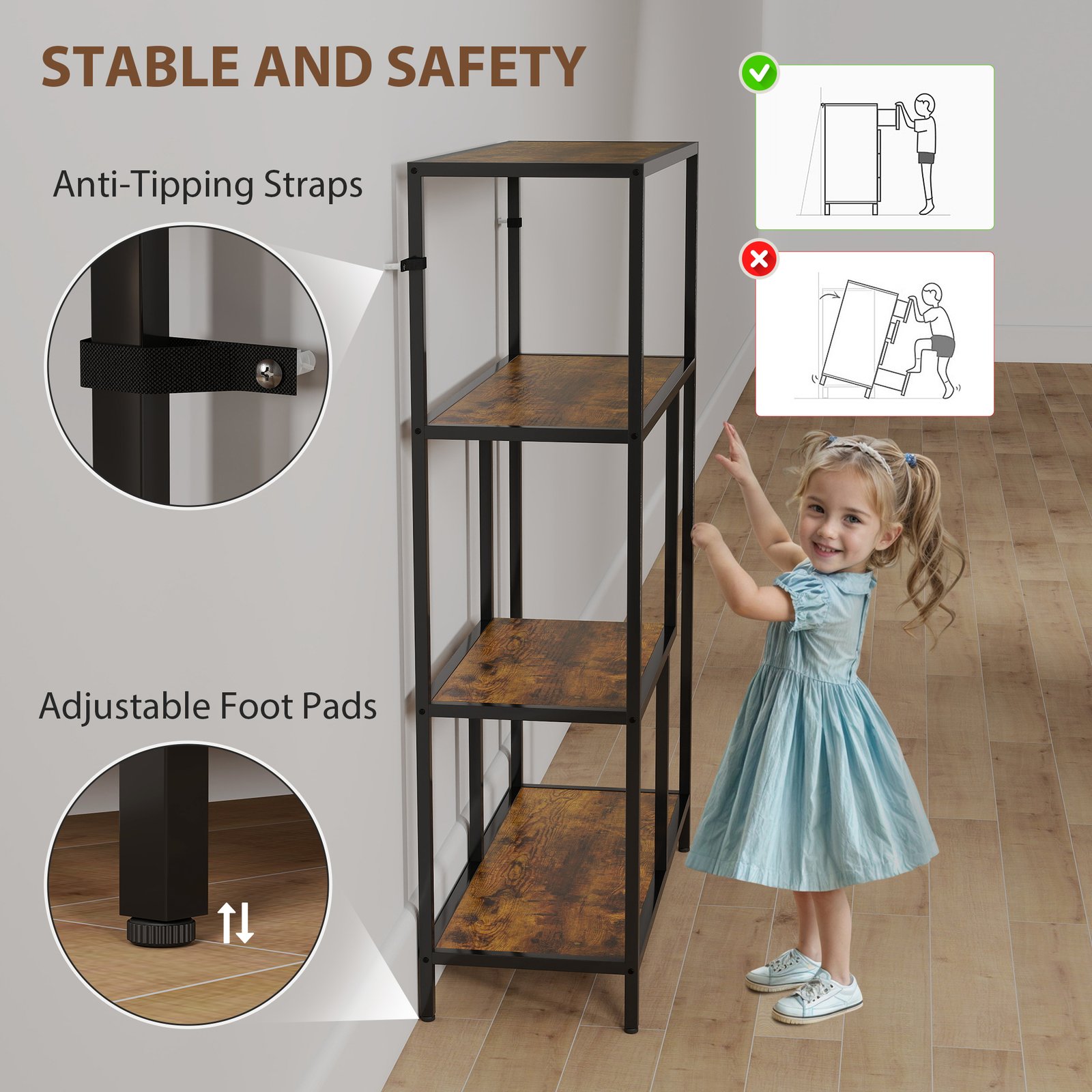HOMCOM 4-Tier Bookshelf with Open Shelves - Rustic Brown - Image 5