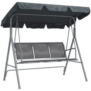 Outsunny 3 Seater Swing Chair, Garden Swing Bench with Adjustable Tilting Canopy, Breathable Mesh Seat and Heavy Duty Metal Frame for Patio, Garden, Dark Grey