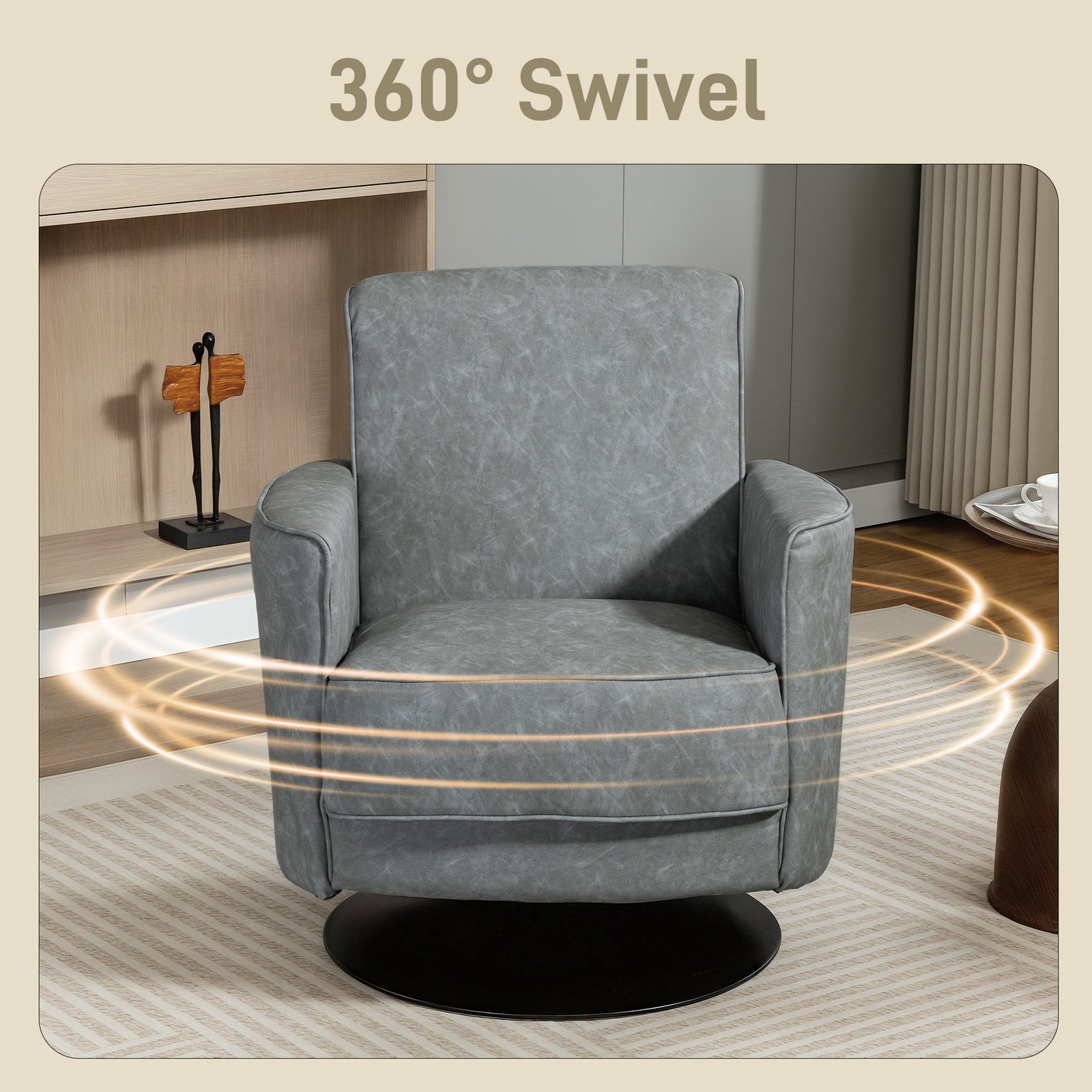HOMCOM Upholstered Swivel Accent Chair with Thick Padding, Grey - Image 4