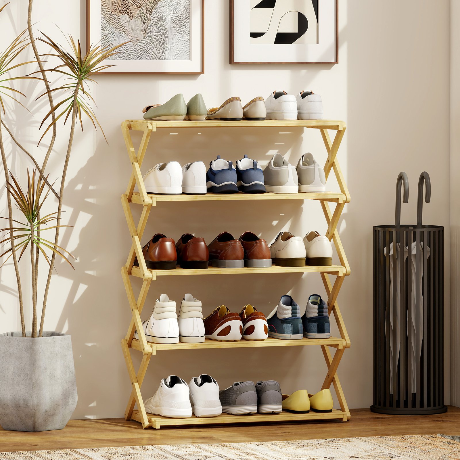 HOMCOM Five-Tier Folding Bamboo Shoe Rack - Natural Finish - Image 2