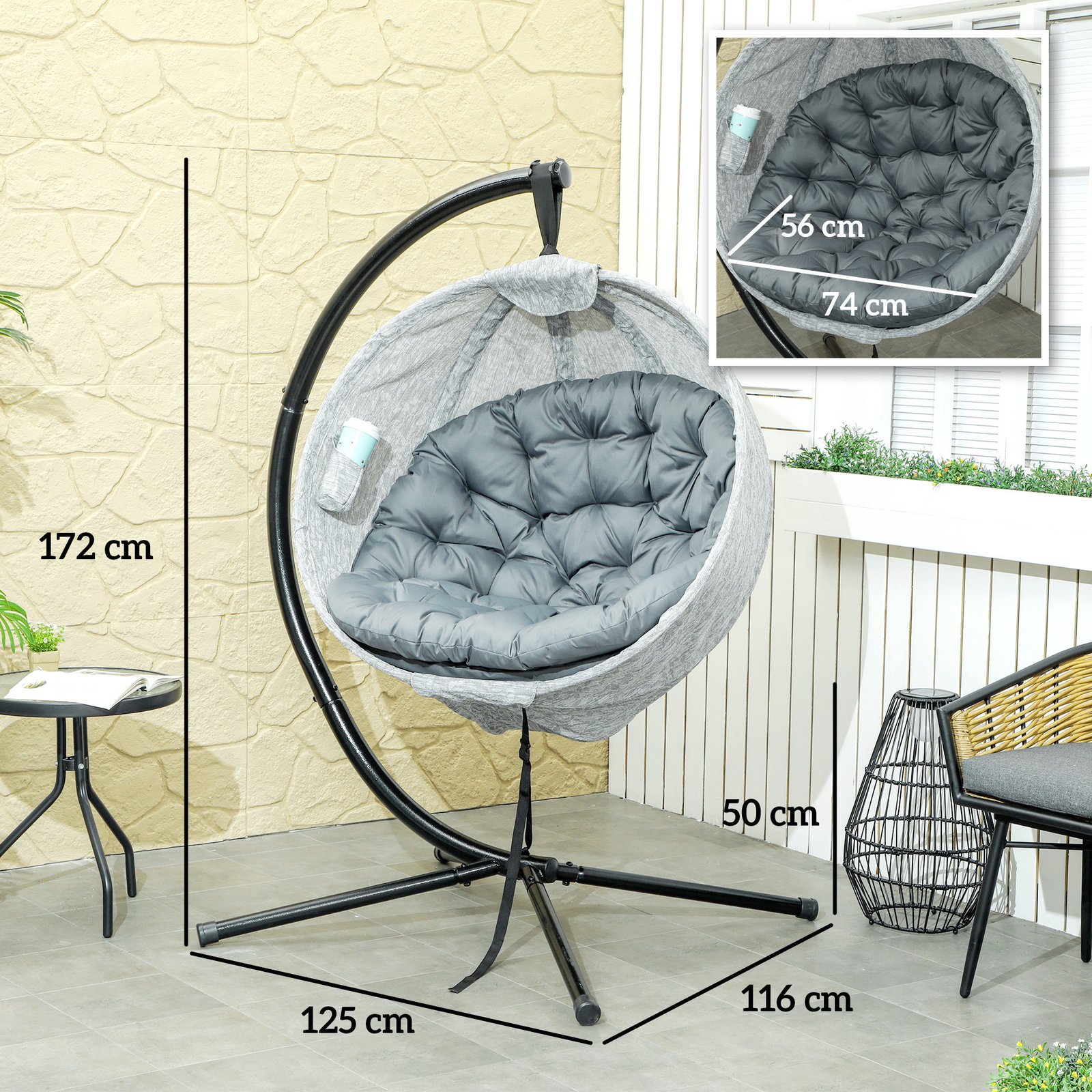 Outsunny Hanging Egg Chair Outdoor Indoor Garden Swing Chair with Folding Basket, Thickened Cushion, Cup Holder for Patio, Balcony, Grey - Image 3