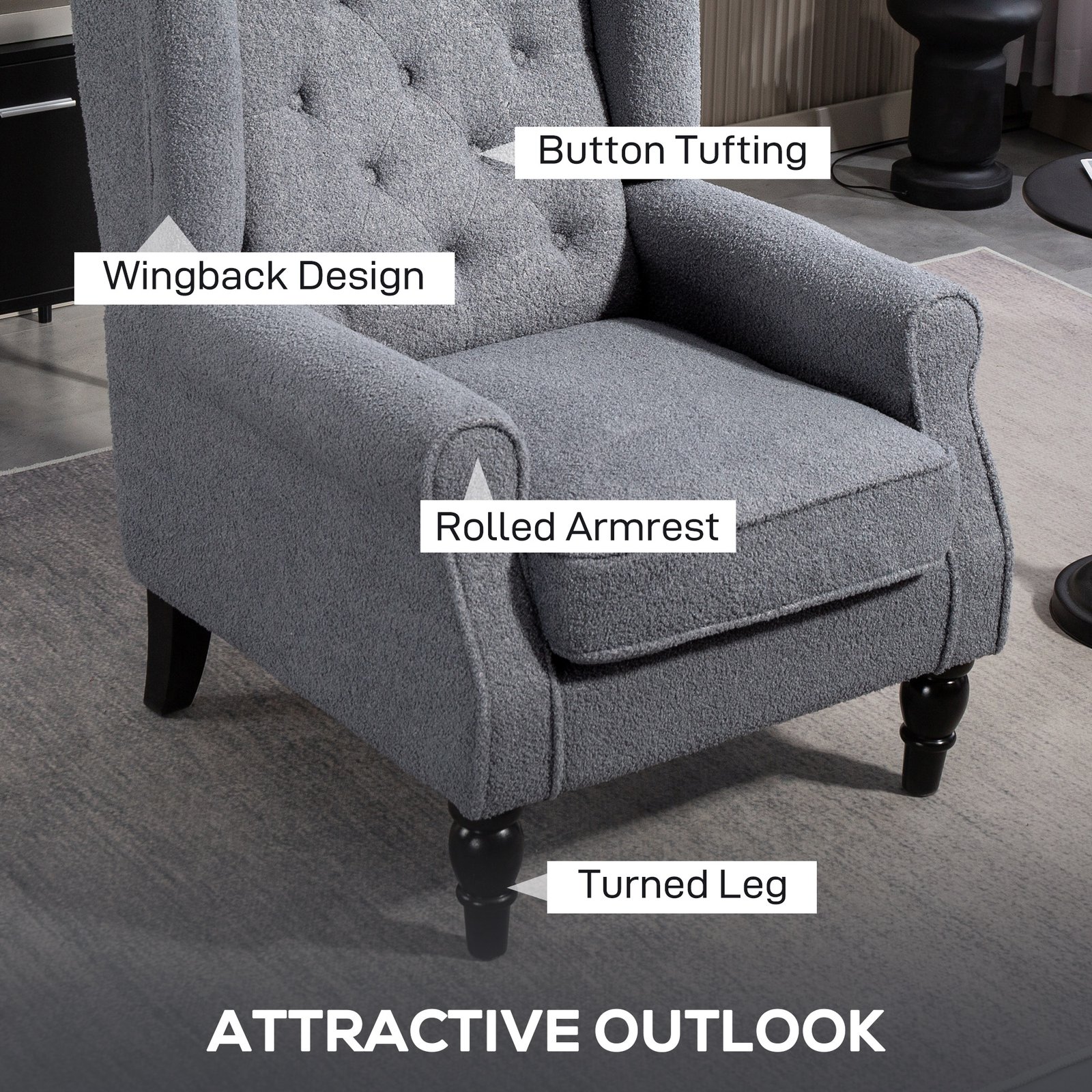 HOMCOM Wingback Accent Chair, Retro Upholstered Button Tufted Occasional Chair for Living Room and Bedroom, Grey - Image 5