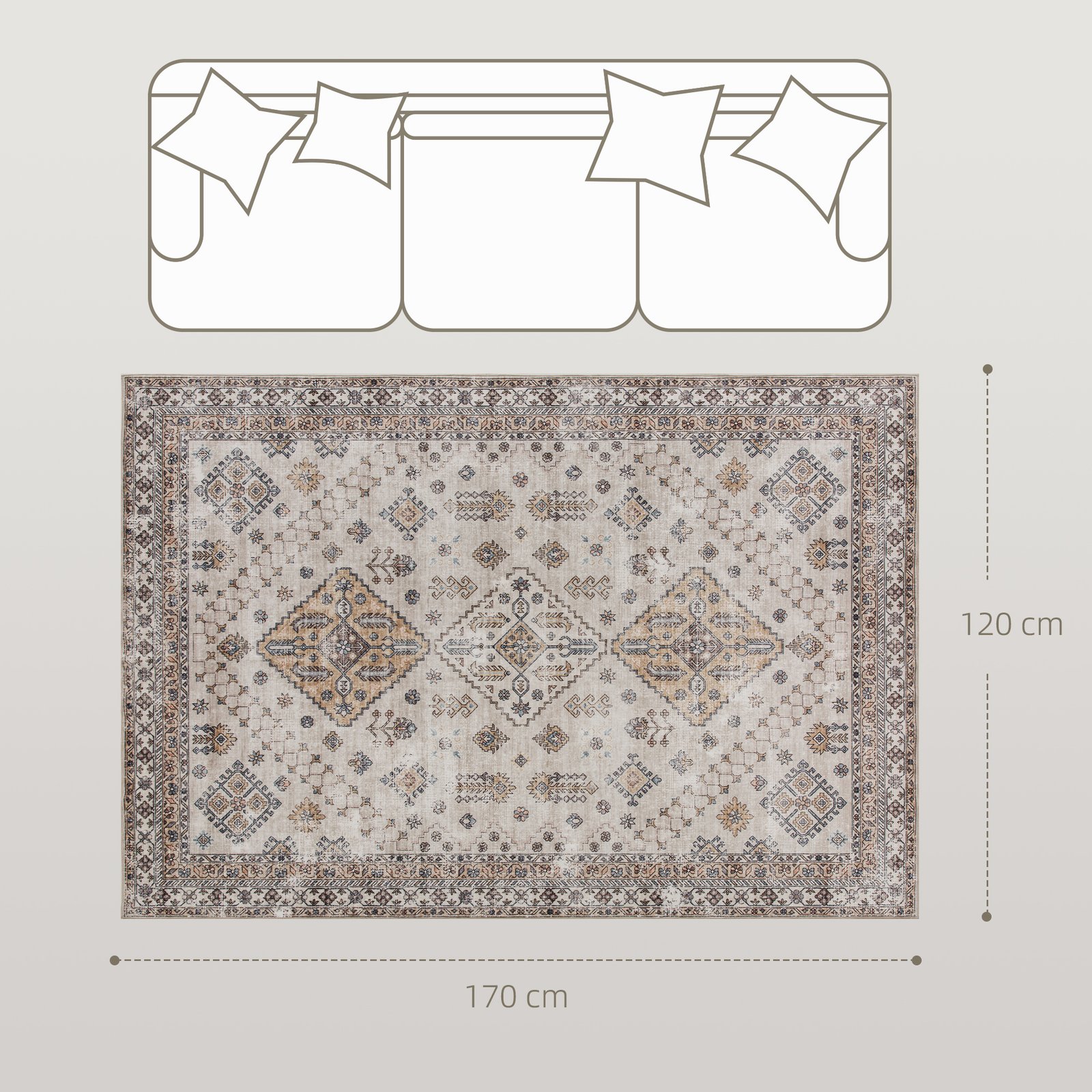 HOMCOM Vintage Area Rug, Non-Slip Washable Rug, Flannel Floor Carpet for Living Room, Bedroom, Dining Room, Home Office, 170 x 120 cm, Beige - Image 3