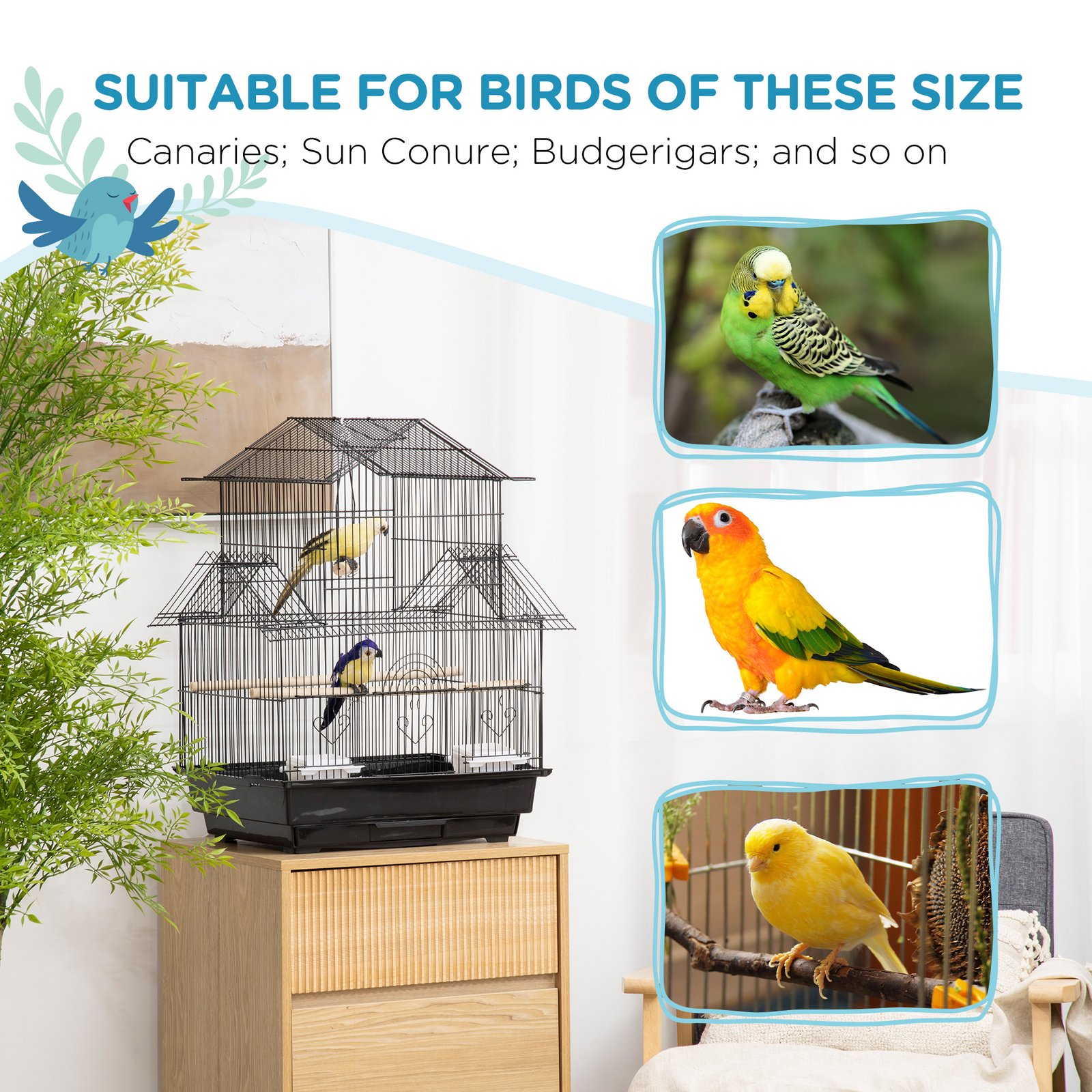 PawHut Metal Bird Cage with Plastic Swing Perch Food Container Tray Handle for Finch Canary Budgie 43.5 x 33 x 63 cm, Black - Image 7