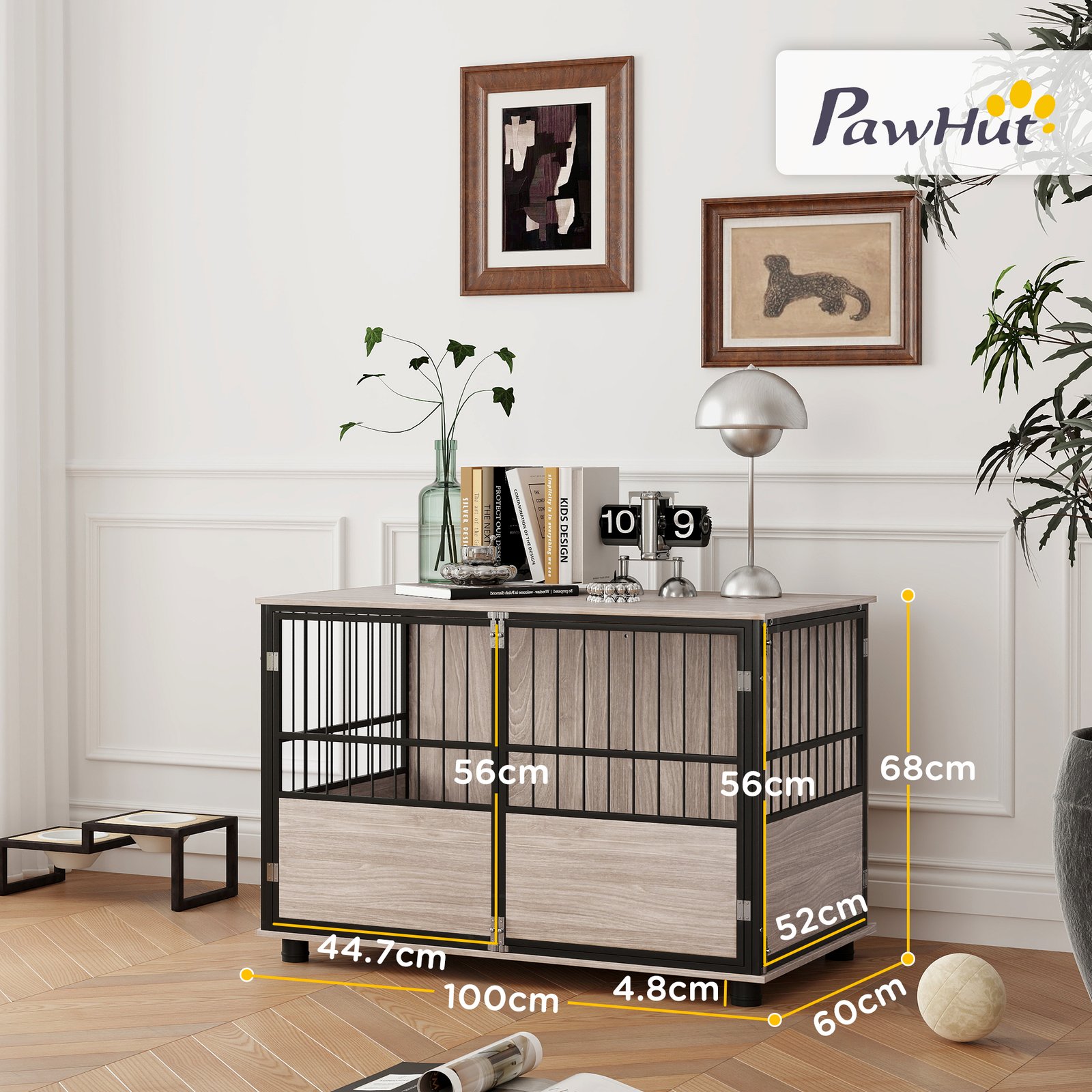 PawHut 100cm Furniture Style Dog Crate Dog Cage End Table Indoor with 3 Doors Soft Washable Cushion, for Large Sized Dogs - Image 3