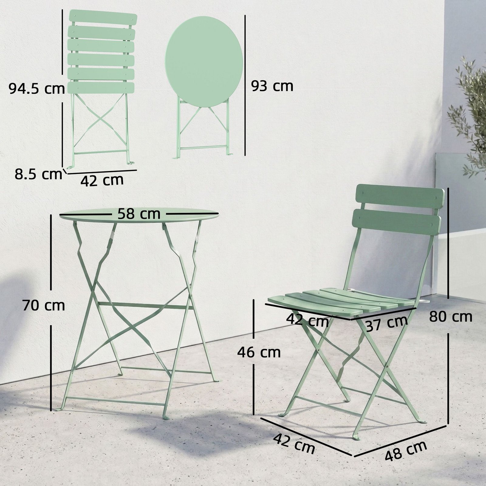 Outsunny Folding Garden Bistro Set, Outdoor Round Bistro Table and Chairs Set 2 with Electrophoresis Metal Frame, Light Green - Image 3