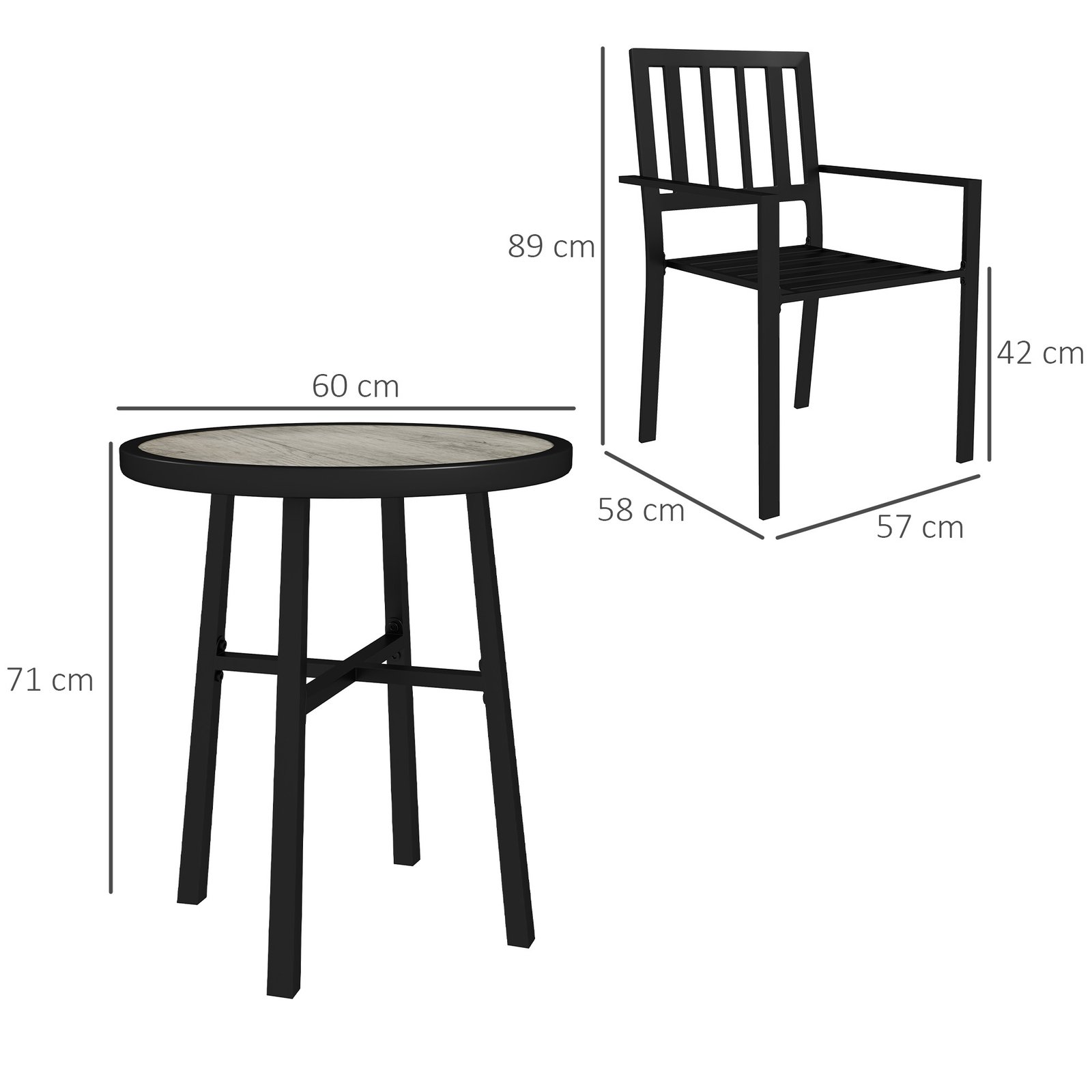 Outsunny 3 Piece Patio Bistro Set with Plastic Top, 2 Stackable Chairs, Galvanised Steel Frame, Grey - Image 3