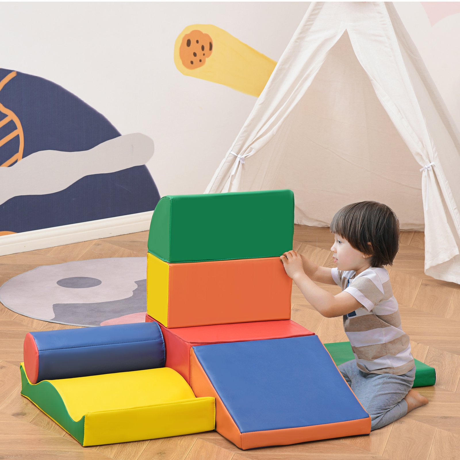HOMCOM Soft Play Set, 7 Piece Foam Blocks, Toddler Climb and Crawl Activity Set for 1-3 Years, Soft Play Equipment for Building and Stacking, Educational Play, Red - Image 2