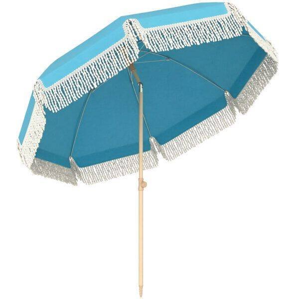 Outsunny 1.7 m Beach Umbrella with Sand Anchor, 30? Tilting Fringed Beach Garden Parasol with Adjustable Height, Grey