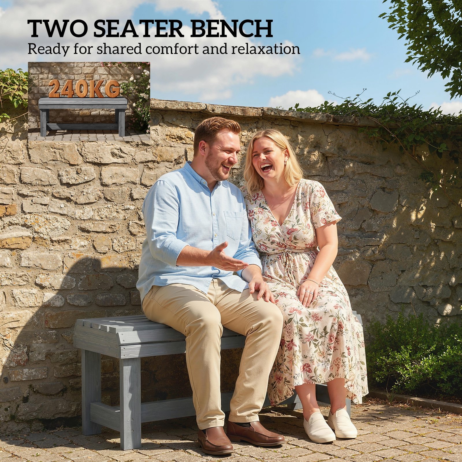 Outsunny Wooden Outdoor Bench, 2 Seater Garden Bench, Backless Patio Bench with Slatted Curved Seat, Grey Embossed Finish - Image 8