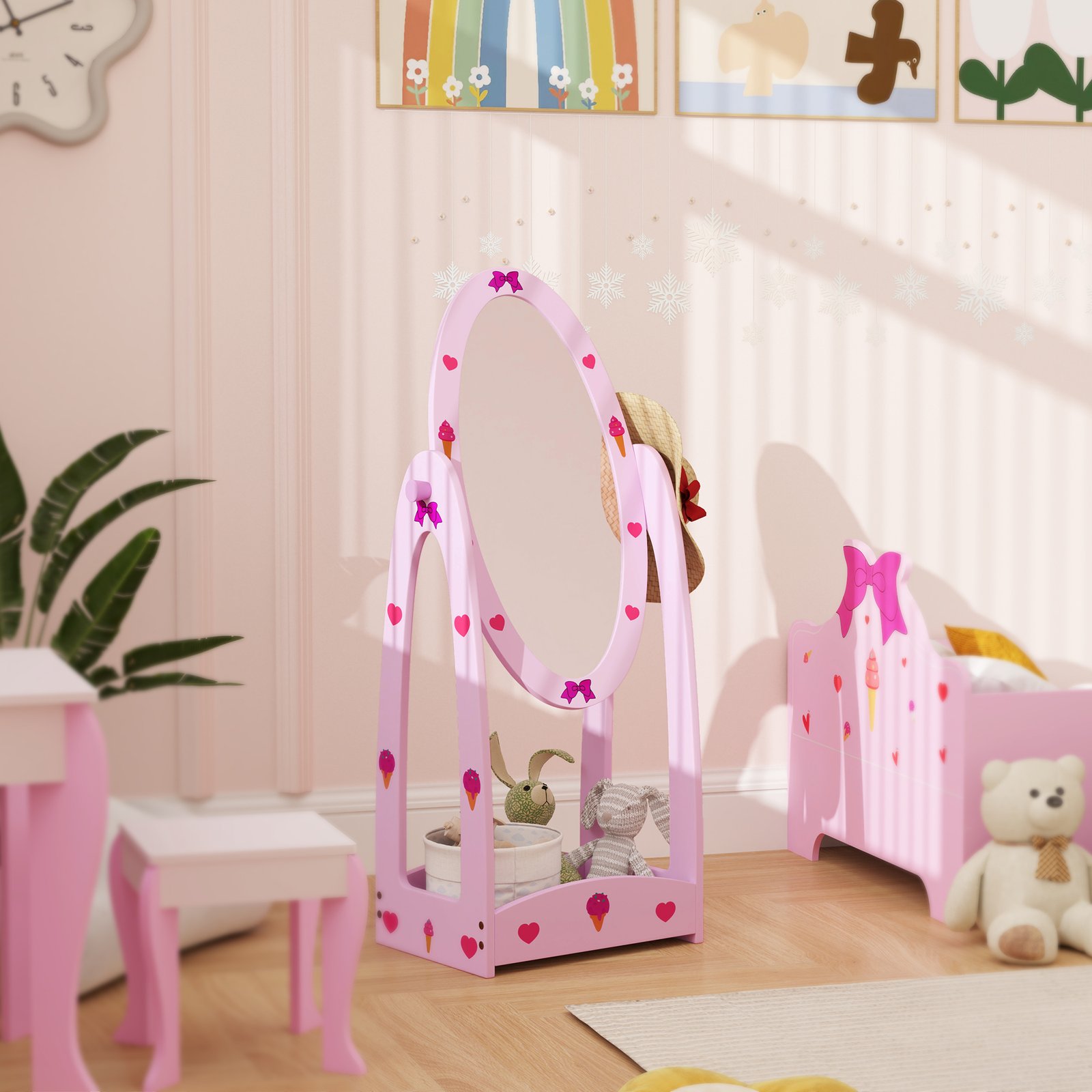 AIYAPLAY Kids Clothes Rail, Kids Dressing Mirror with 360° Rotating, 2 Piece Kids Furniture Set with Storage Shelves, Pink - Image 9
